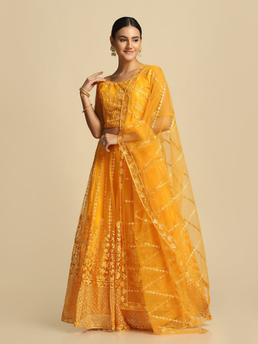 Elegant Peach Pink Festive & Wedding Wear Semi-Stitched Net & Silk Blend Lehenga Choli with Floral Embroidery Work