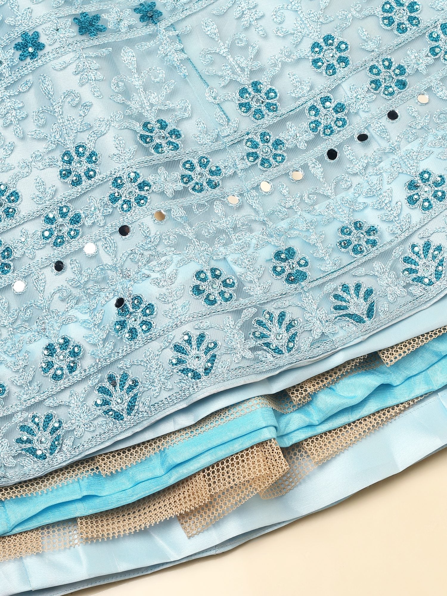 Graceful Powder Blue Festive & Wedding Wear Semi-Stitched Net Lehenga Choli with Intricate Floral Thread Embroidery Work