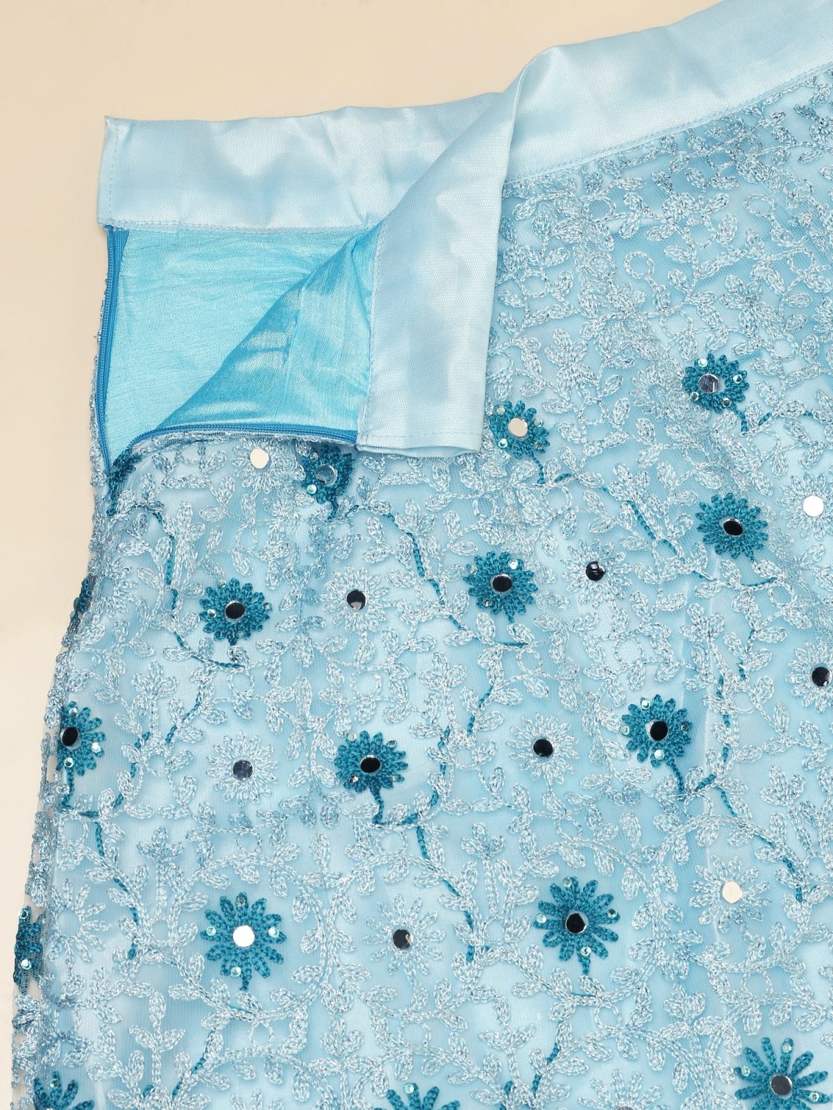 Graceful Powder Blue Festive & Wedding Wear Semi-Stitched Net Lehenga Choli with Intricate Floral Thread Embroidery Work