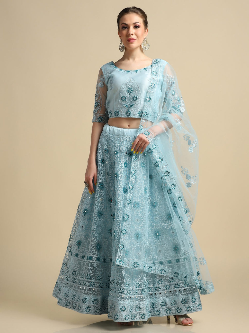 Graceful Powder Blue Festive & Wedding Wear Semi-Stitched Net Lehenga Choli with Intricate Floral Thread Embroidery Work