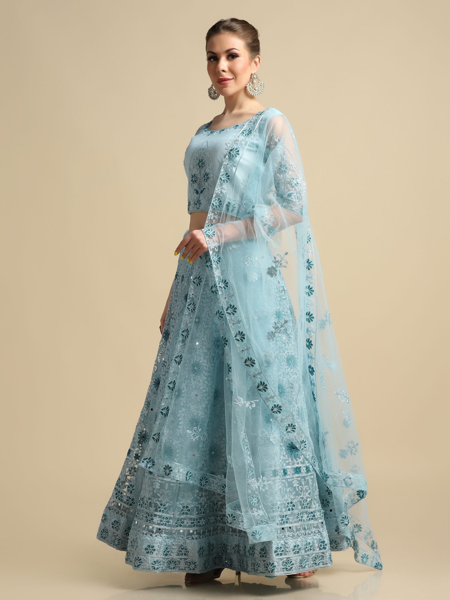 Graceful Powder Blue Festive & Wedding Wear Semi-Stitched Net Lehenga Choli with Intricate Floral Thread Embroidery Work