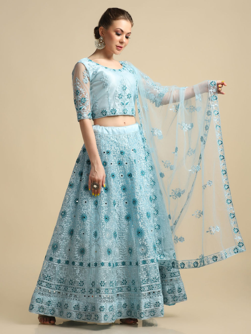 Graceful Powder Blue Festive & Wedding Wear Semi-Stitched Net Lehenga Choli with Intricate Floral Thread Embroidery Work