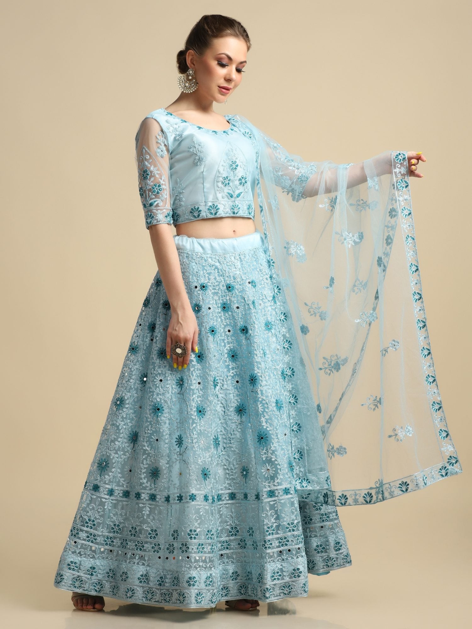 Graceful Powder Blue Festive & Wedding Wear Semi-Stitched Net Lehenga Choli with Intricate Floral Thread Embroidery Work