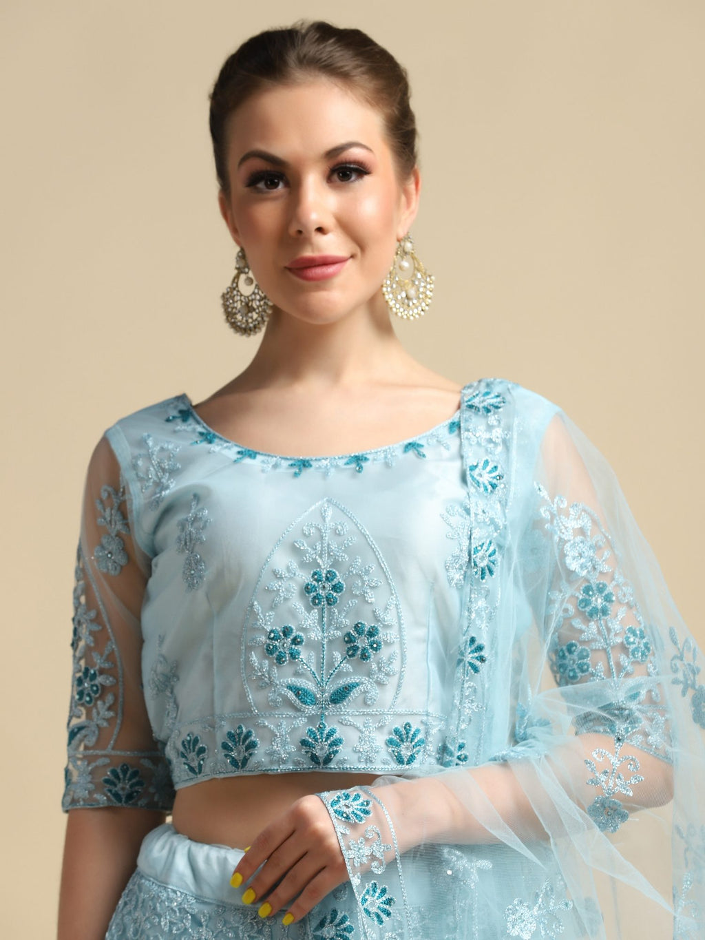 Graceful Powder Blue Festive & Wedding Wear Semi-Stitched Net Lehenga Choli with Intricate Floral Thread Embroidery Work