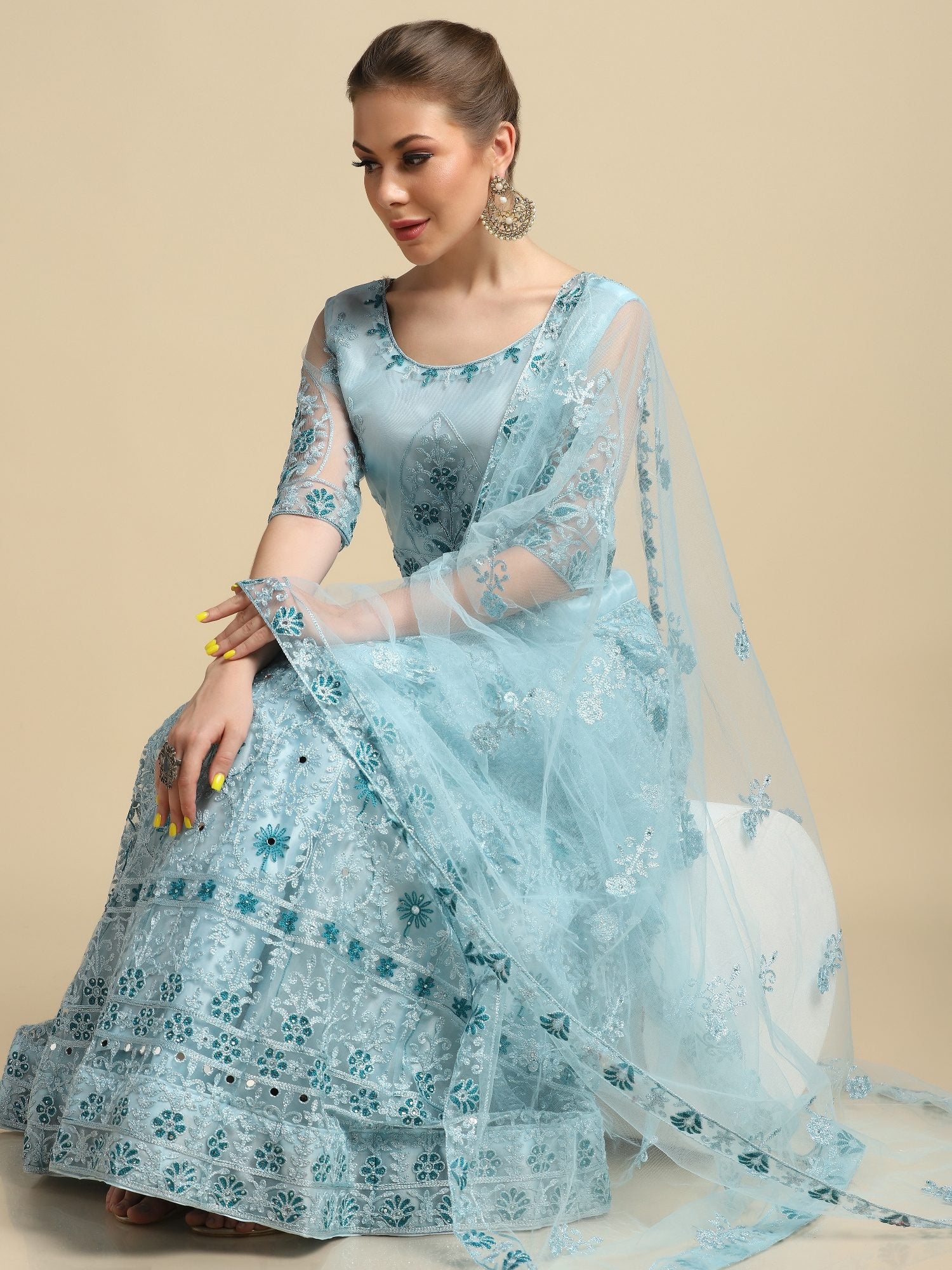 Graceful Powder Blue Festive & Wedding Wear Semi-Stitched Net Lehenga Choli with Intricate Floral Thread Embroidery Work