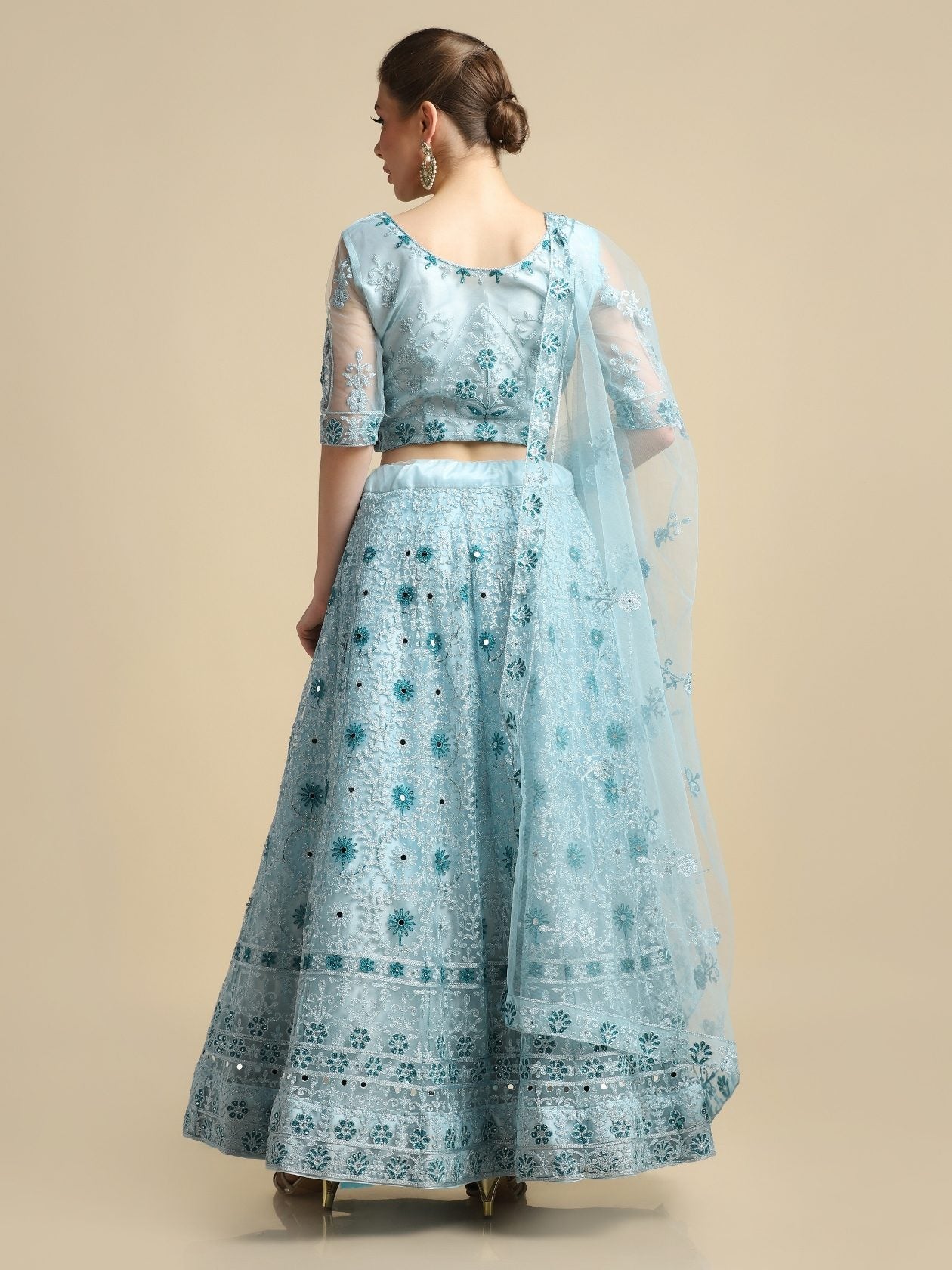 Graceful Powder Blue Festive & Wedding Wear Semi-Stitched Net Lehenga Choli with Intricate Floral Thread Embroidery Work