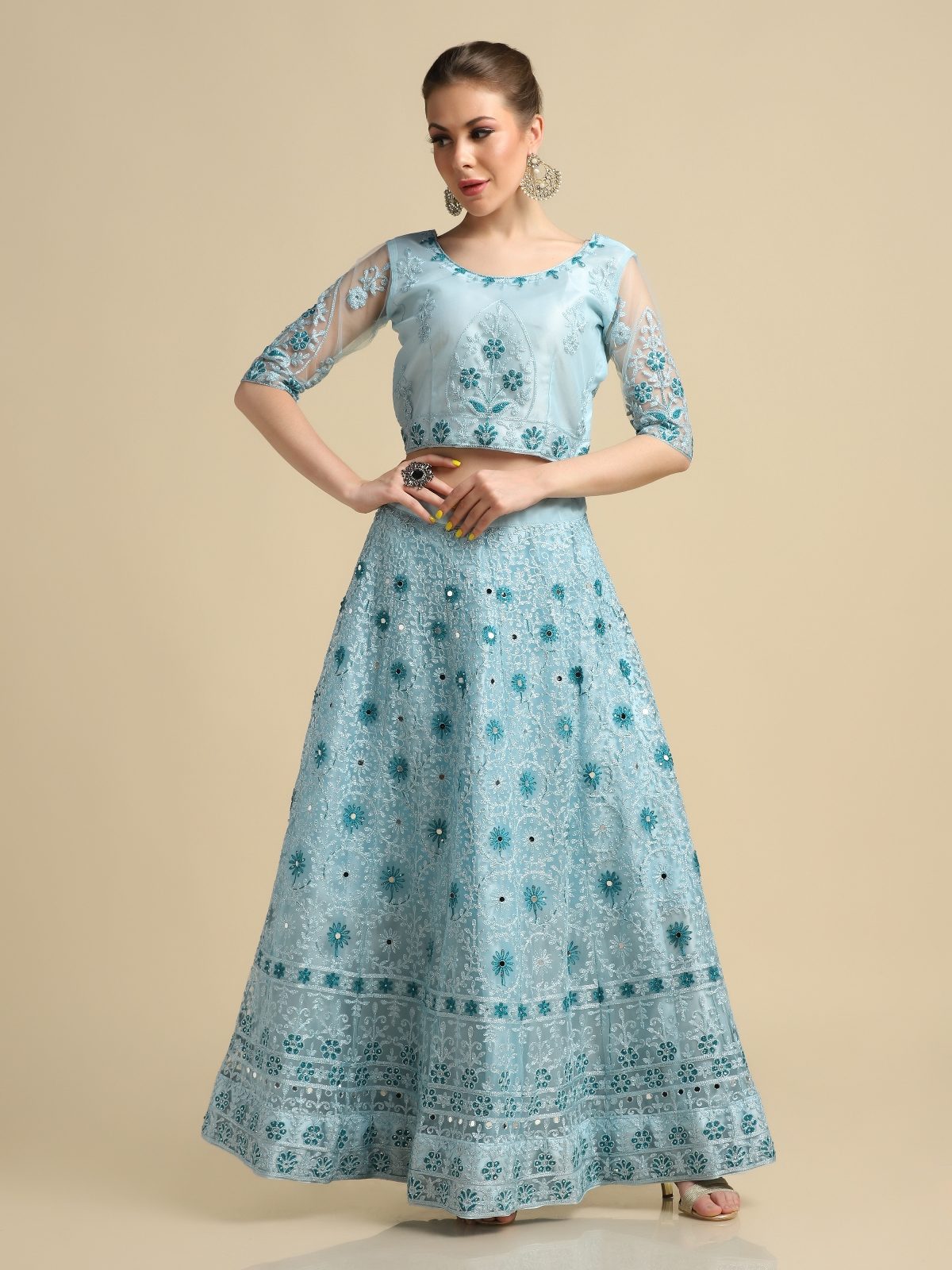 Graceful Powder Blue Festive & Wedding Wear Semi-Stitched Net Lehenga Choli with Intricate Floral Thread Embroidery Work