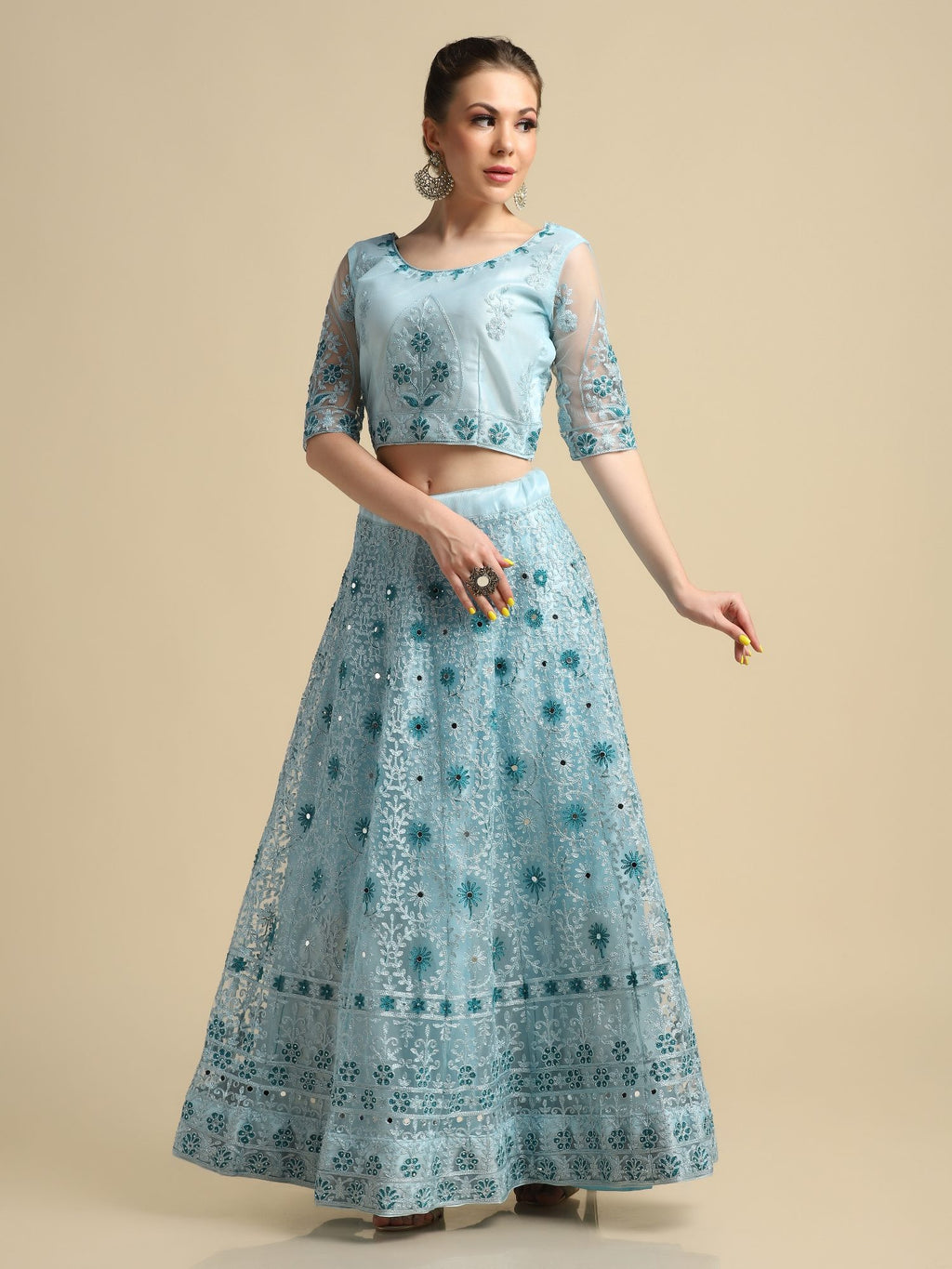 Graceful Powder Blue Festive & Wedding Wear Semi-Stitched Net Lehenga Choli with Intricate Floral Thread Embroidery Work
