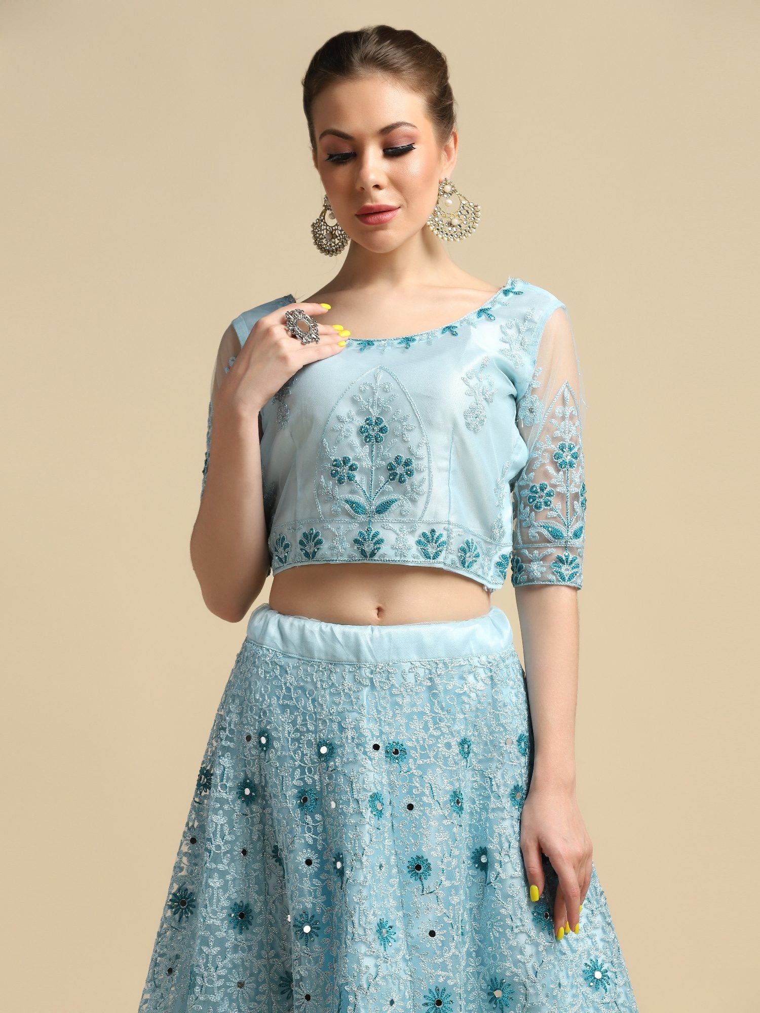 Graceful Powder Blue Festive & Wedding Wear Semi-Stitched Net Lehenga Choli with Intricate Floral Thread Embroidery Work