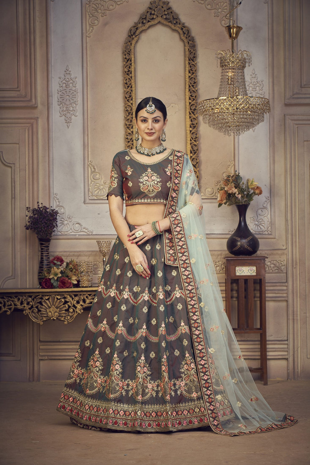 Elegant Bottle Green Embroidered Festive & Wedding Wear Semi-Stitched Silk Lehenga Choli with Soft Net Dupatta