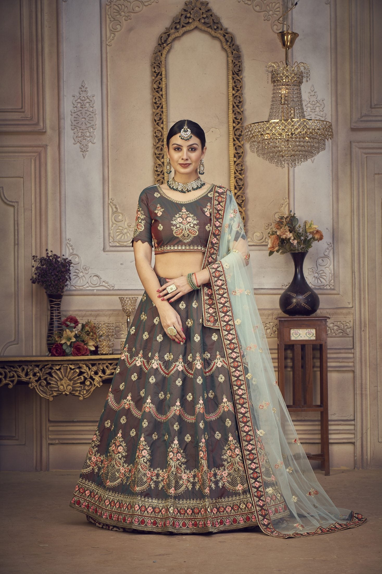 Elegant Bottle Green Embroidered Festive & Wedding Wear Semi-Stitched Silk Lehenga Choli with Soft Net Dupatta
