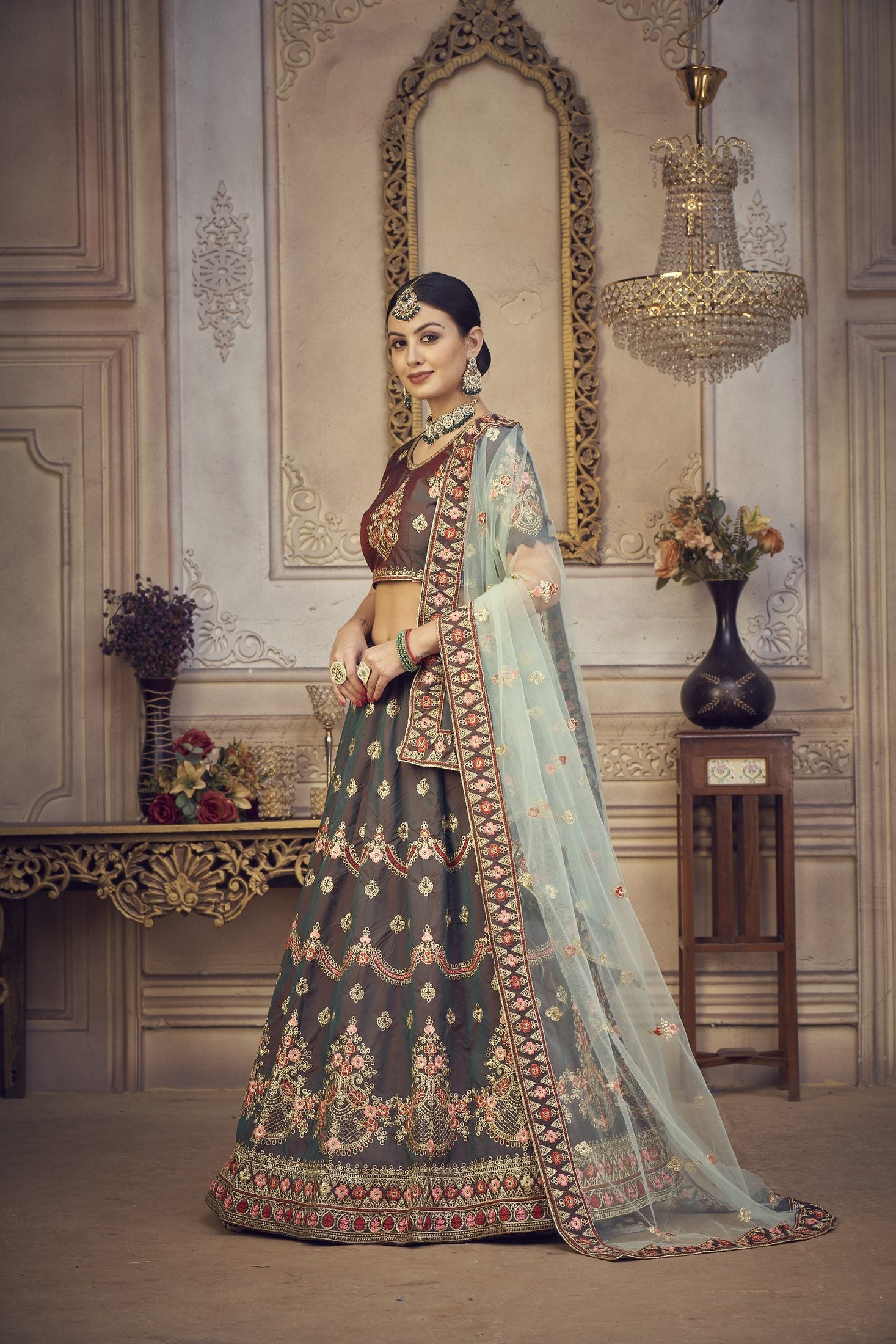 Elegant Bottle Green Embroidered Festive & Wedding Wear Semi-Stitched Silk Lehenga Choli with Soft Net Dupatta