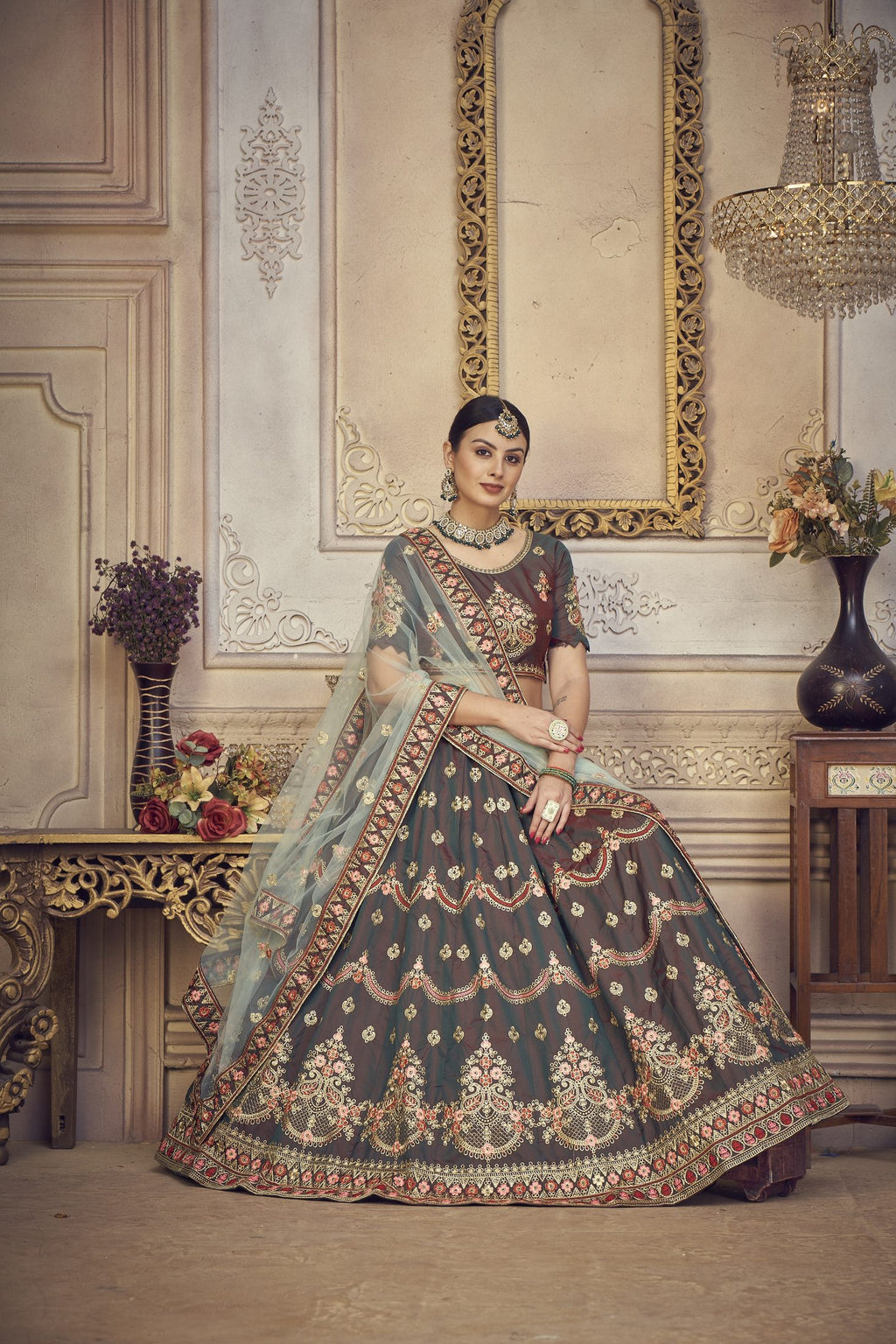 Elegant Bottle Green Embroidered Festive & Wedding Wear Semi-Stitched Silk Lehenga Choli with Soft Net Dupatta