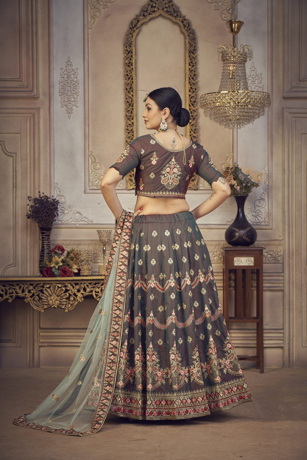 Elegant Bottle Green Embroidered Festive & Wedding Wear Semi-Stitched Silk Lehenga Choli with Soft Net Dupatta