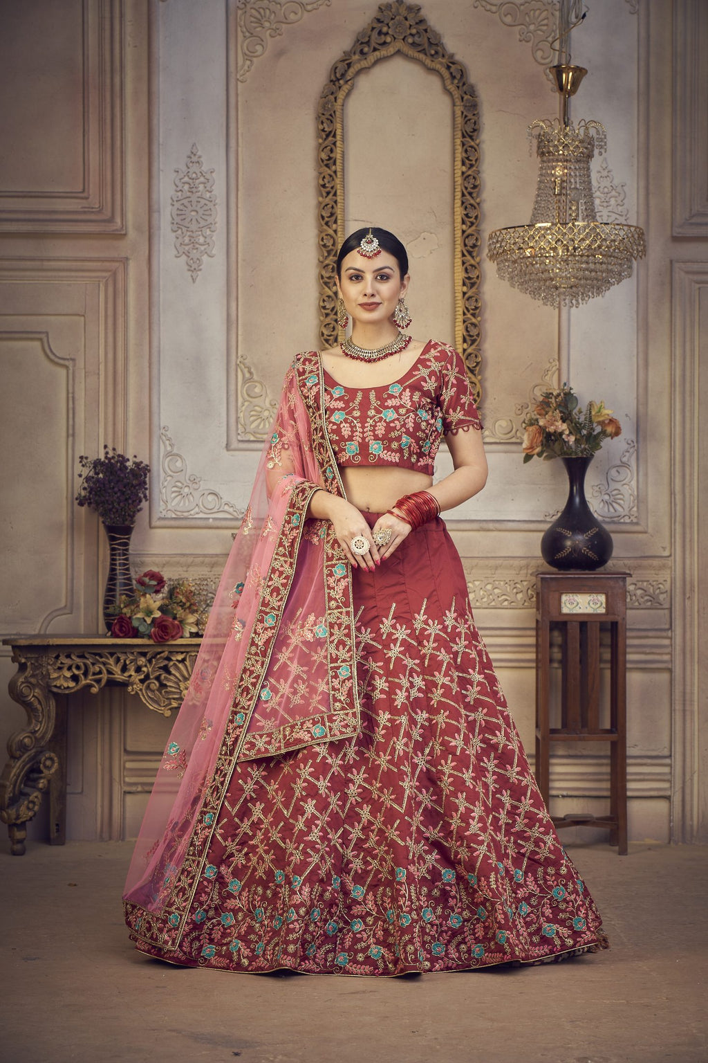 Maroon Wedding Wear Semi-Stitched Taffeta Silk Bridal Lehenga Choli with Heavy Traditional Embroidery Net Dupatta