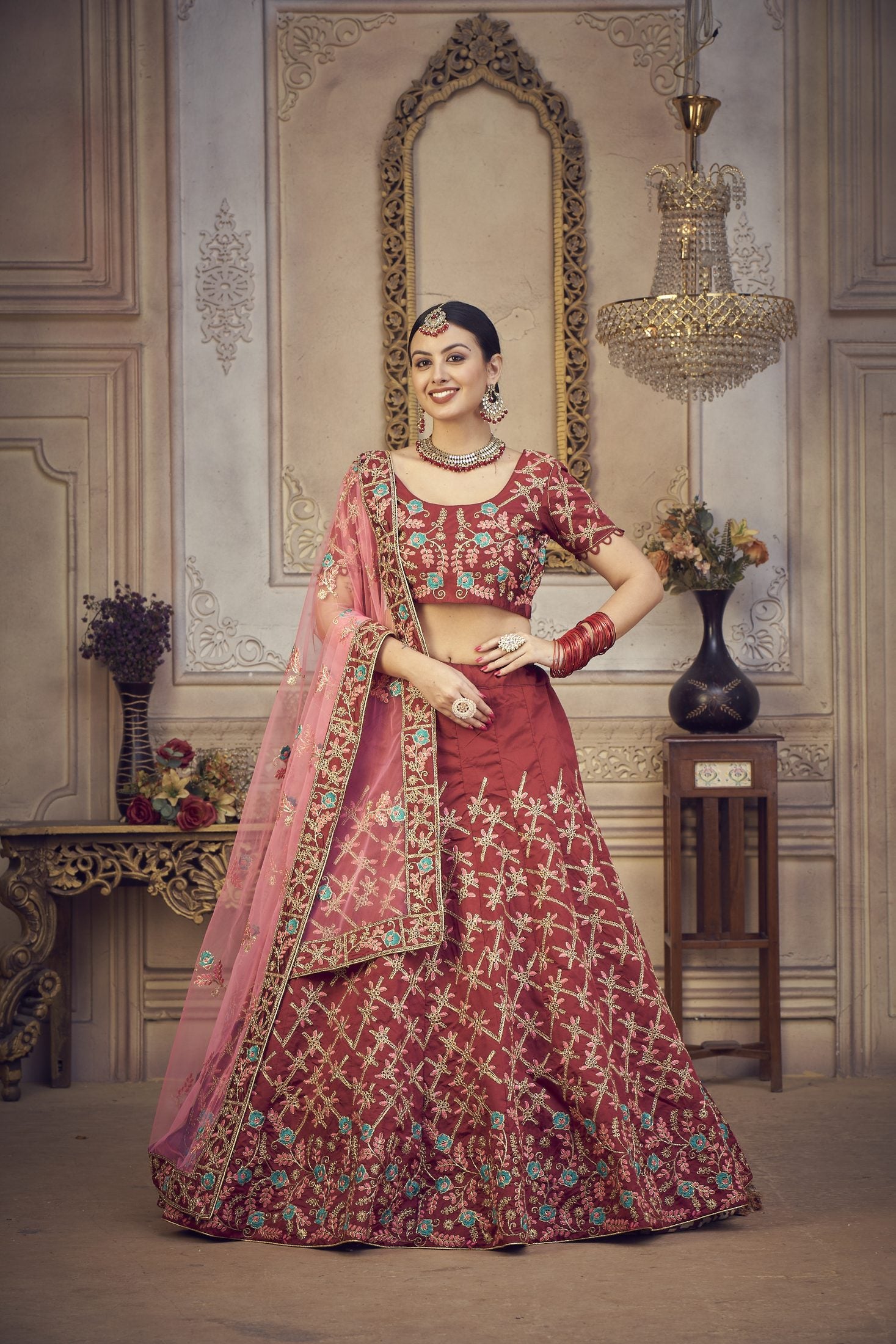 Maroon Wedding Wear Semi-Stitched Taffeta Silk Bridal Lehenga Choli with Heavy Traditional Embroidery Net Dupatta