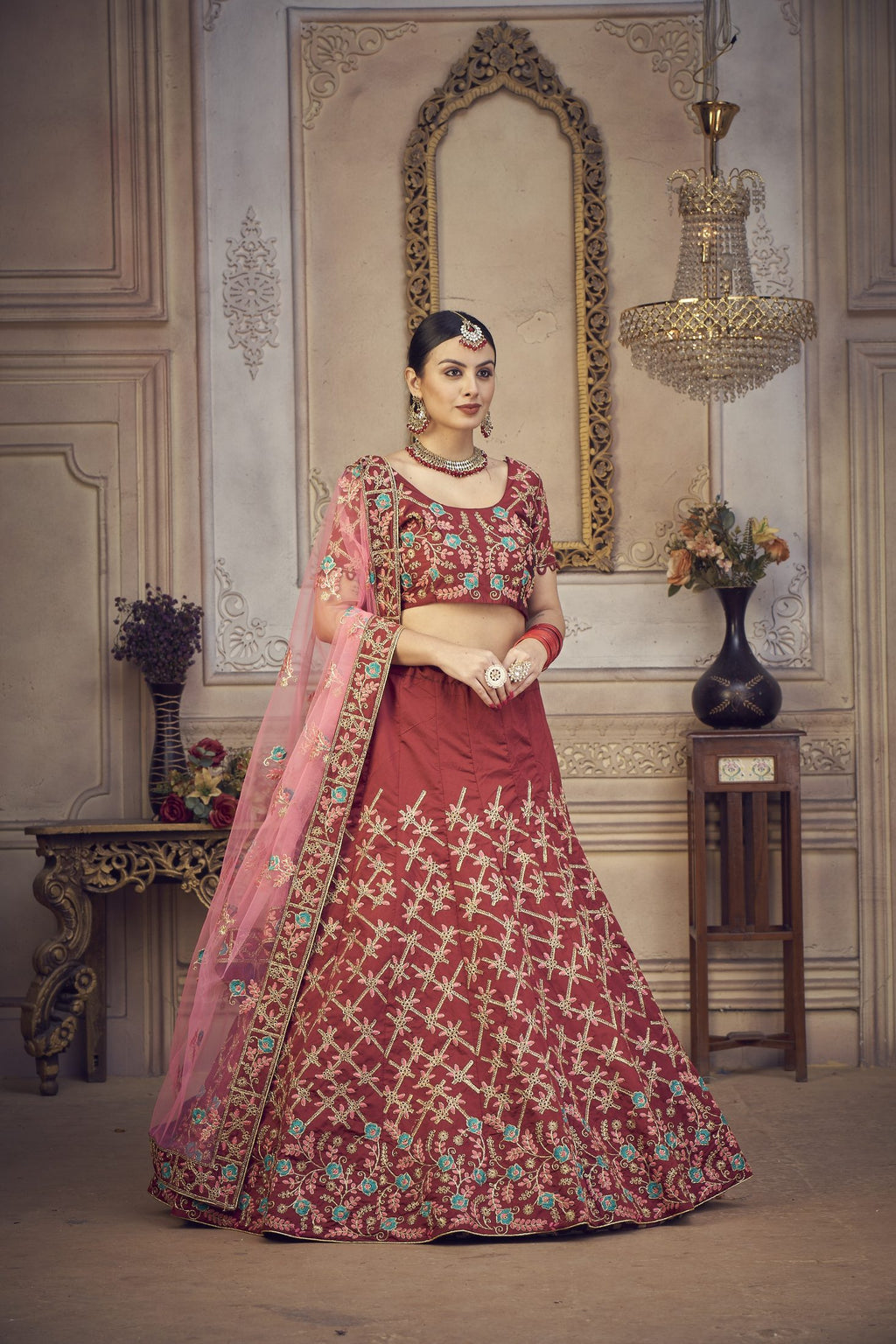 Maroon Wedding Wear Semi-Stitched Taffeta Silk Bridal Lehenga Choli with Heavy Traditional Embroidery Net Dupatta