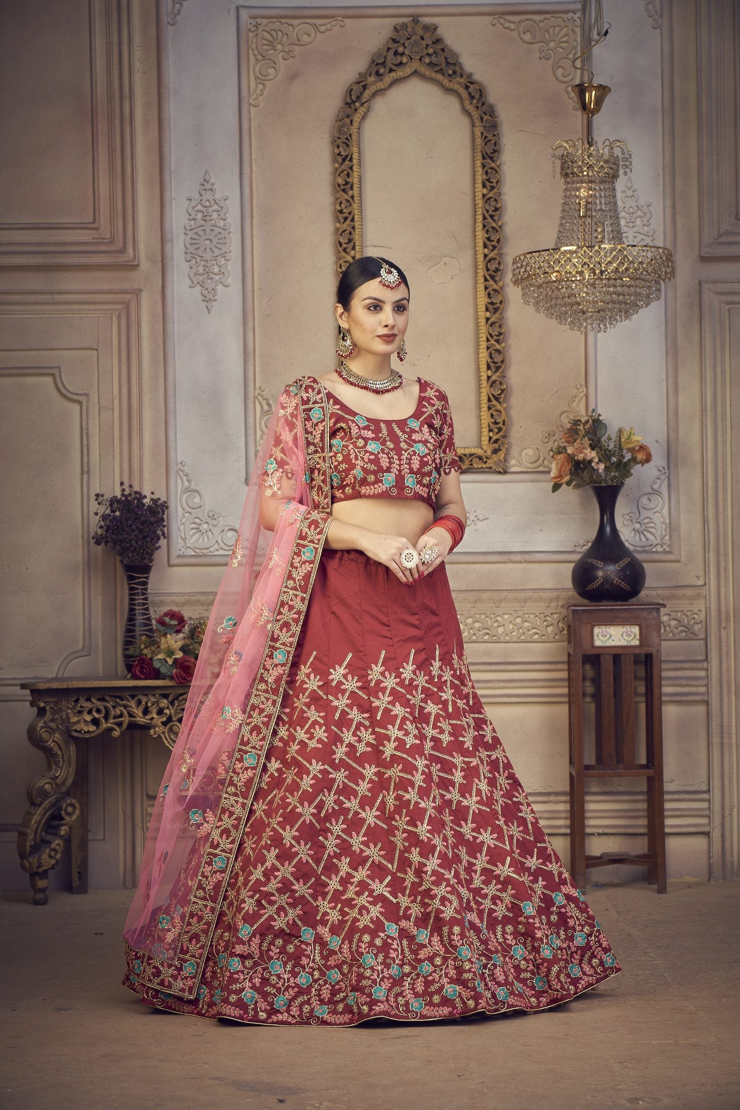 Maroon Wedding Wear Semi-Stitched Taffeta Silk Bridal Lehenga Choli with Heavy Traditional Embroidery Net Dupatta