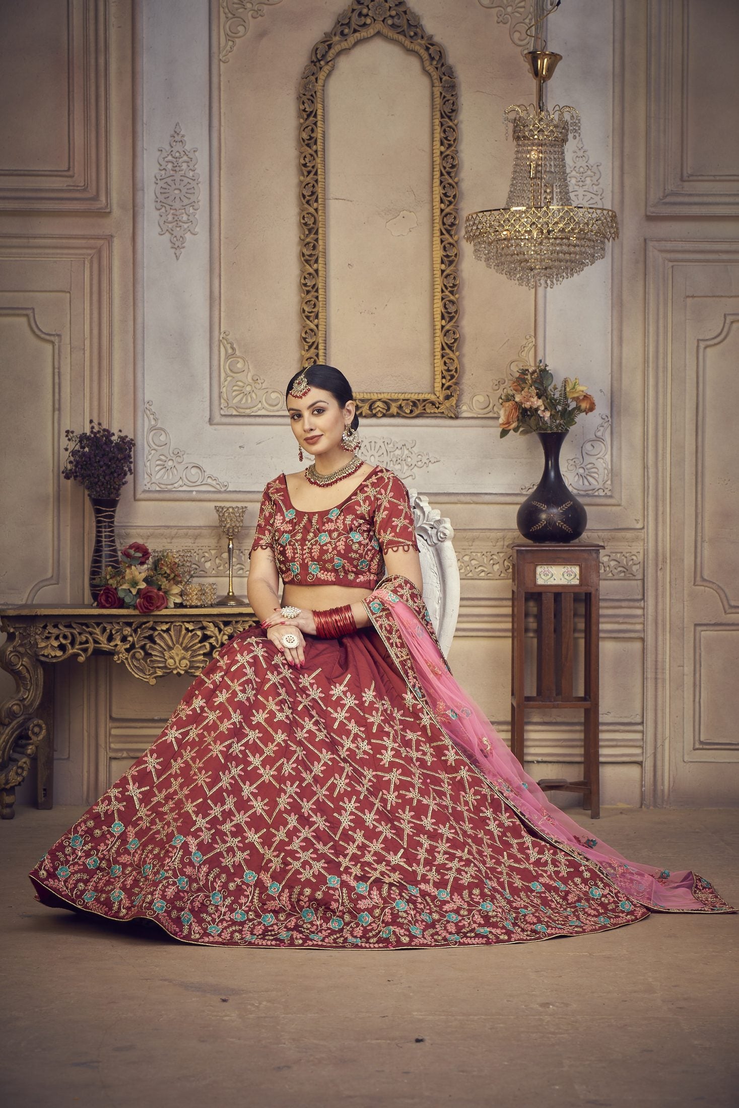 Maroon Wedding Wear Semi-Stitched Taffeta Silk Bridal Lehenga Choli with Heavy Traditional Embroidery Net Dupatta