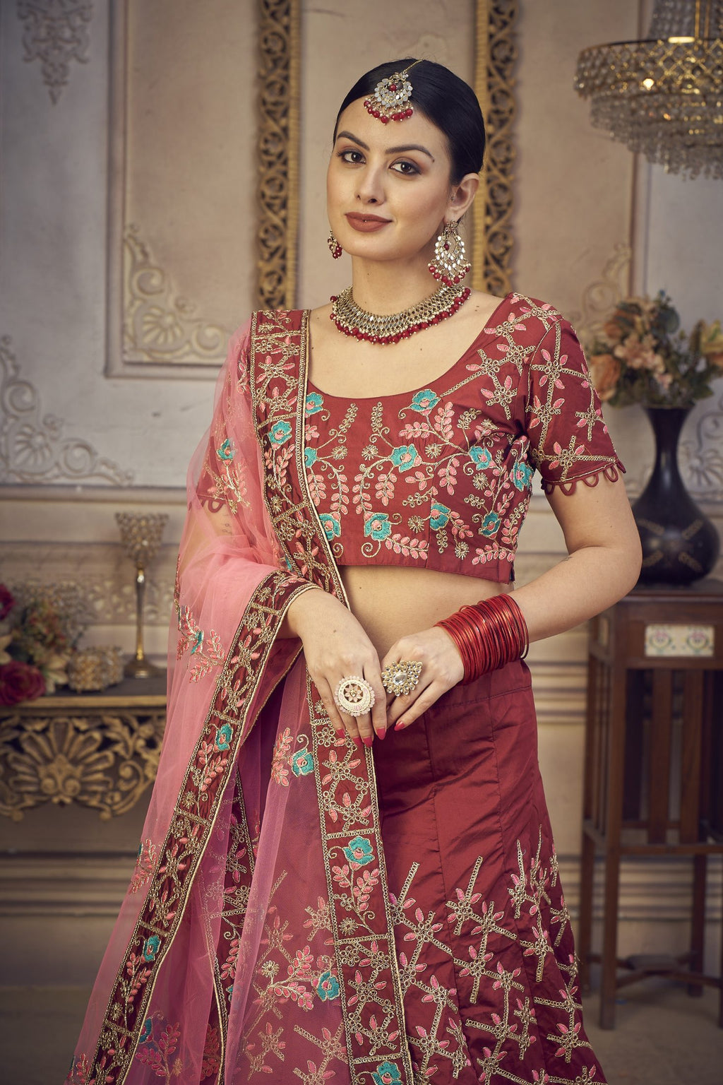 Maroon Wedding Wear Semi-Stitched Taffeta Silk Bridal Lehenga Choli with Heavy Traditional Embroidery Net Dupatta