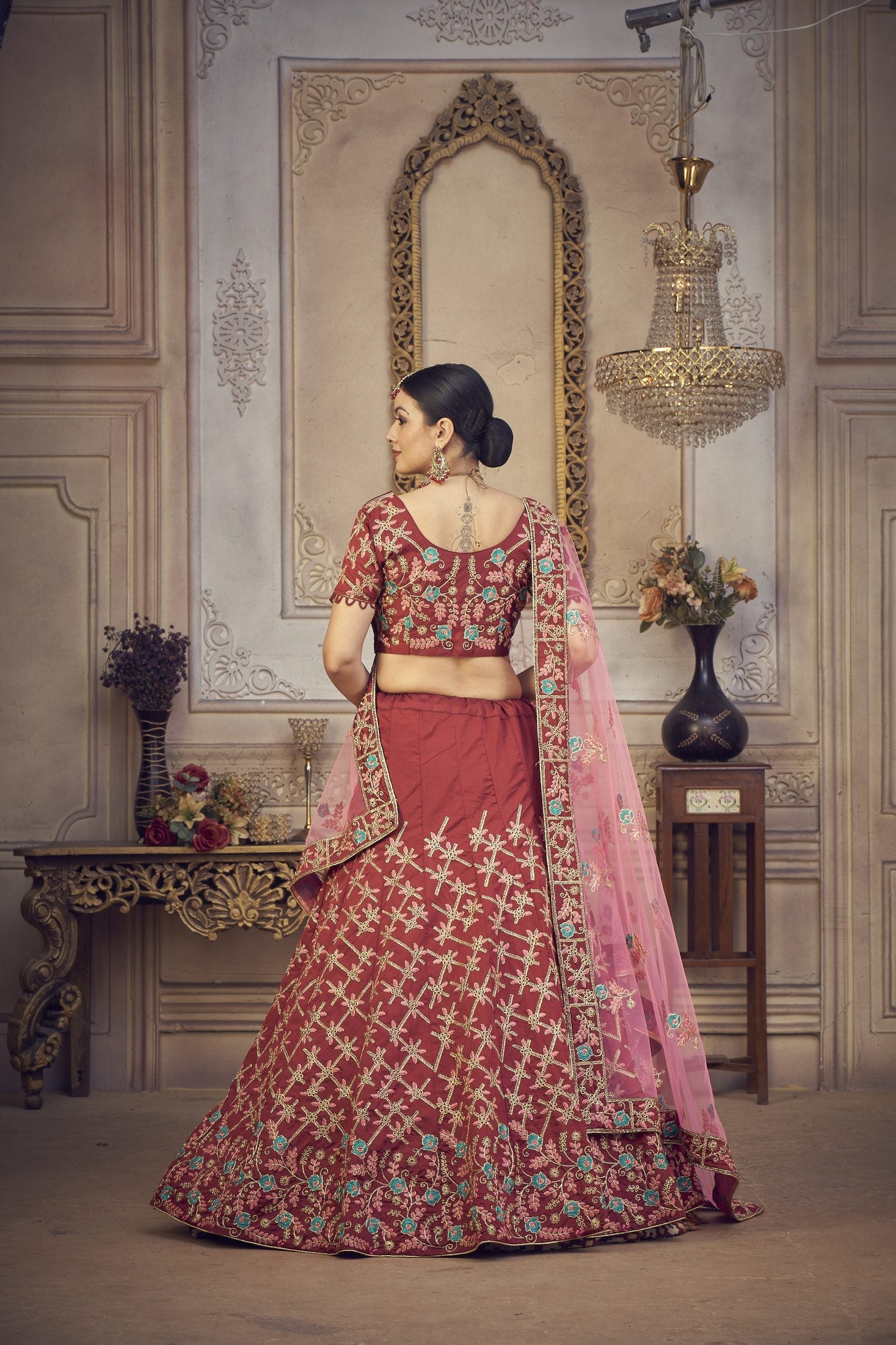 Maroon Wedding Wear Semi-Stitched Taffeta Silk Bridal Lehenga Choli with Heavy Traditional Embroidery Net Dupatta