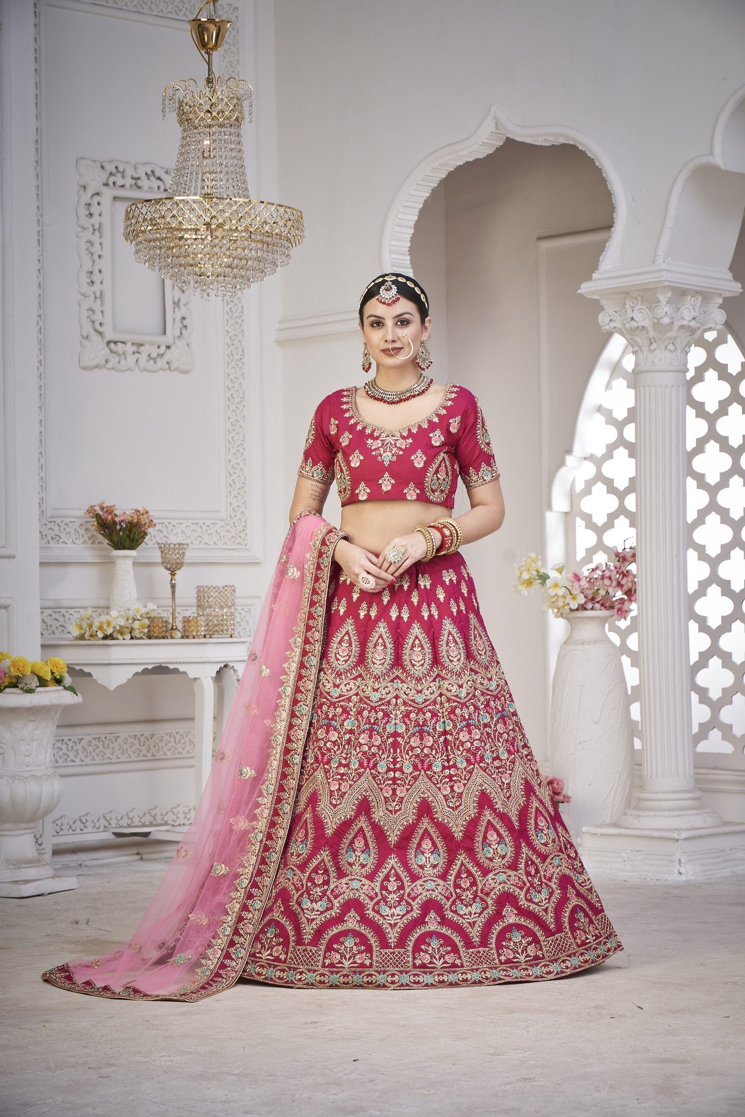 Bridal Rani Pink & Blush Festive & Wedding Wear Semi-Stitched Silk Lehenga Choli with Heavy Traditional Embroidery Net Dupatta