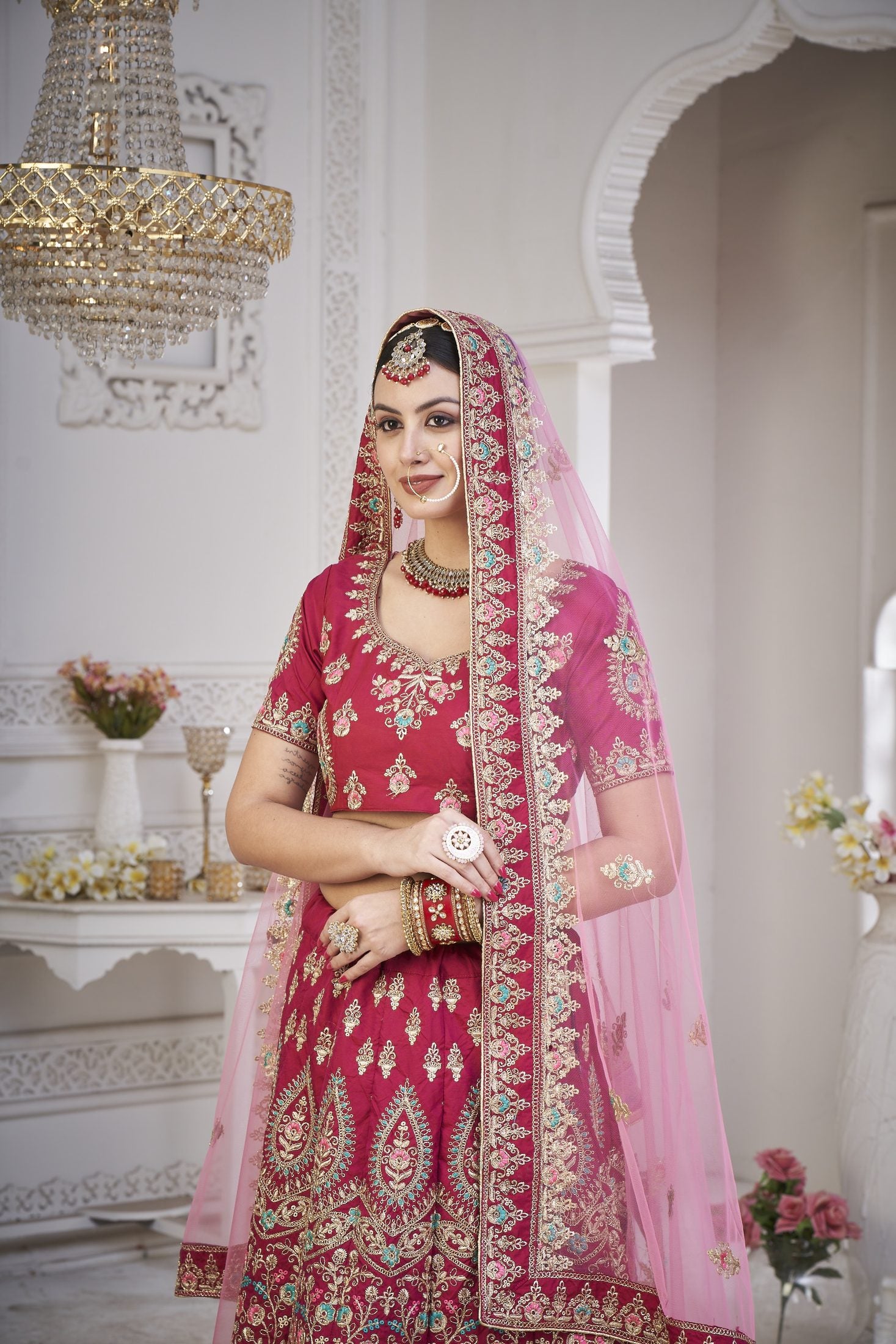 Bridal Rani Pink & Blush Festive & Wedding Wear Semi-Stitched Silk Lehenga Choli with Heavy Traditional Embroidery Net Dupatta