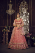 Elegant Peach Pink Festive & Wedding Wear Semi-Stitched Silk Blend Lehenga Choli with Designer Mirror & Heart Motif Border Net Dupatta