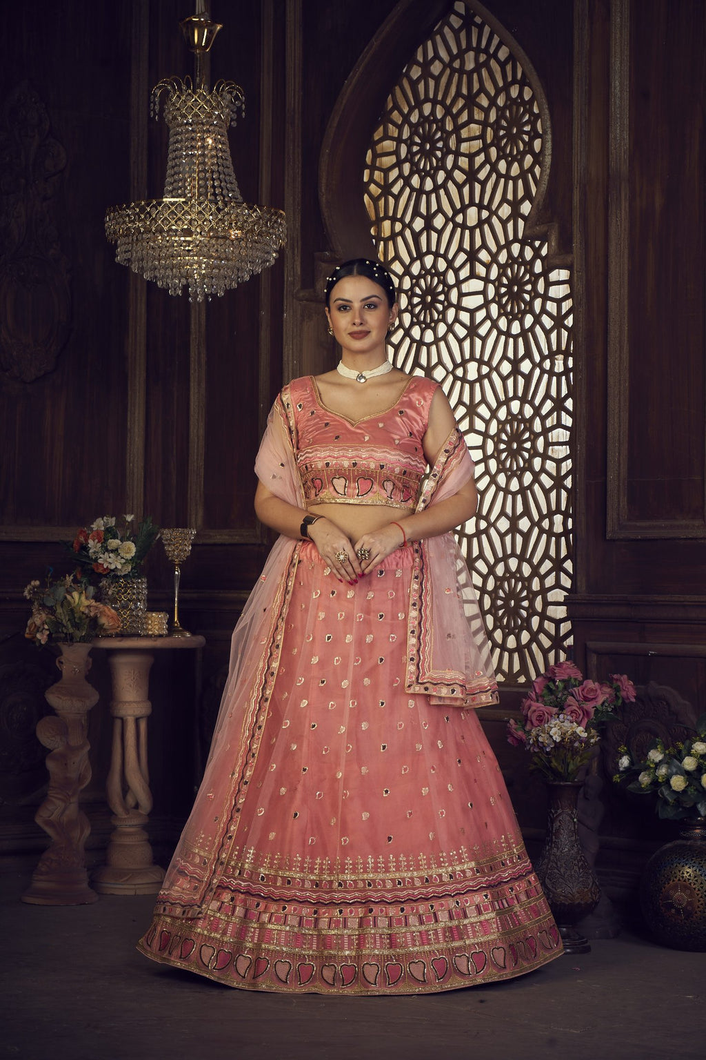 Elegant Peach Pink Festive & Wedding Wear Semi-Stitched Silk Blend Lehenga Choli with Designer Mirror & Heart Motif Border Net Dupatta