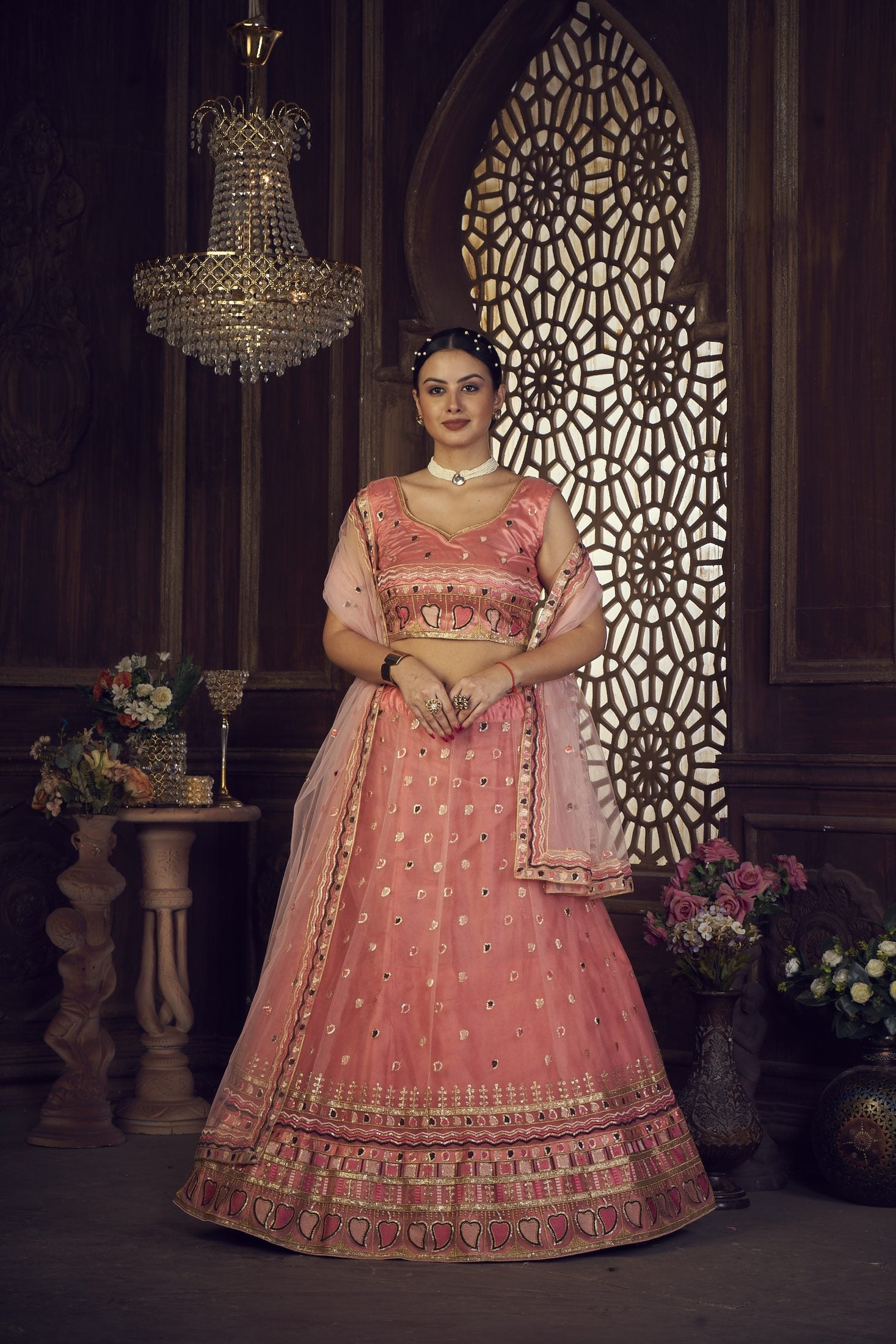 Elegant Peach Pink Festive & Wedding Wear Semi-Stitched Silk Blend Lehenga Choli with Designer Mirror & Heart Motif Border Net Dupatta