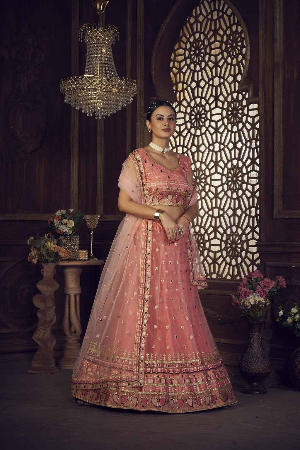 Elegant Peach Pink Festive & Wedding Wear Semi-Stitched Silk Blend Lehenga Choli with Designer Mirror & Heart Motif Border Net Dupatta