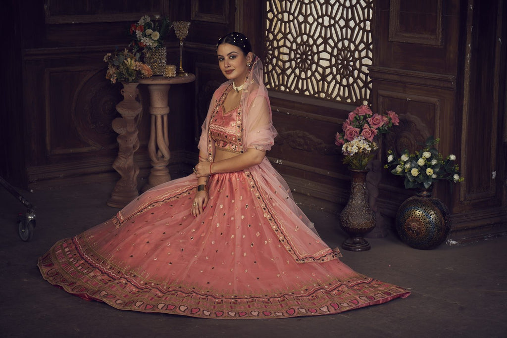 Elegant Peach Pink Festive & Wedding Wear Semi-Stitched Silk Blend Lehenga Choli with Designer Mirror & Heart Motif Border Net Dupatta