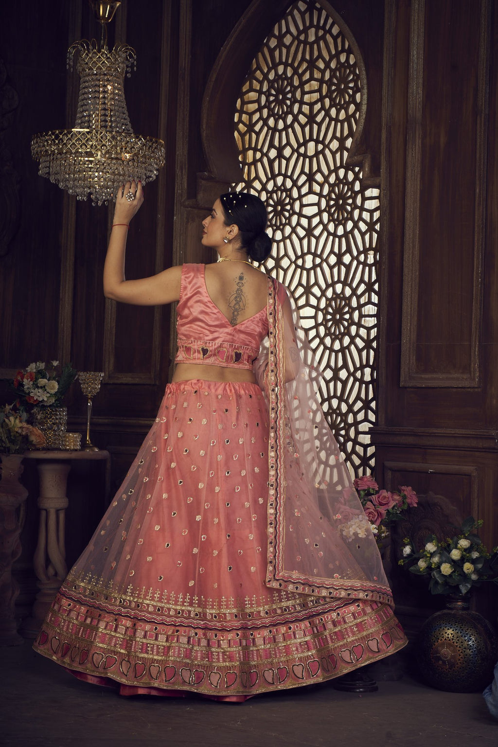 Elegant Peach Pink Festive & Wedding Wear Semi-Stitched Silk Blend Lehenga Choli with Designer Mirror & Heart Motif Border Net Dupatta