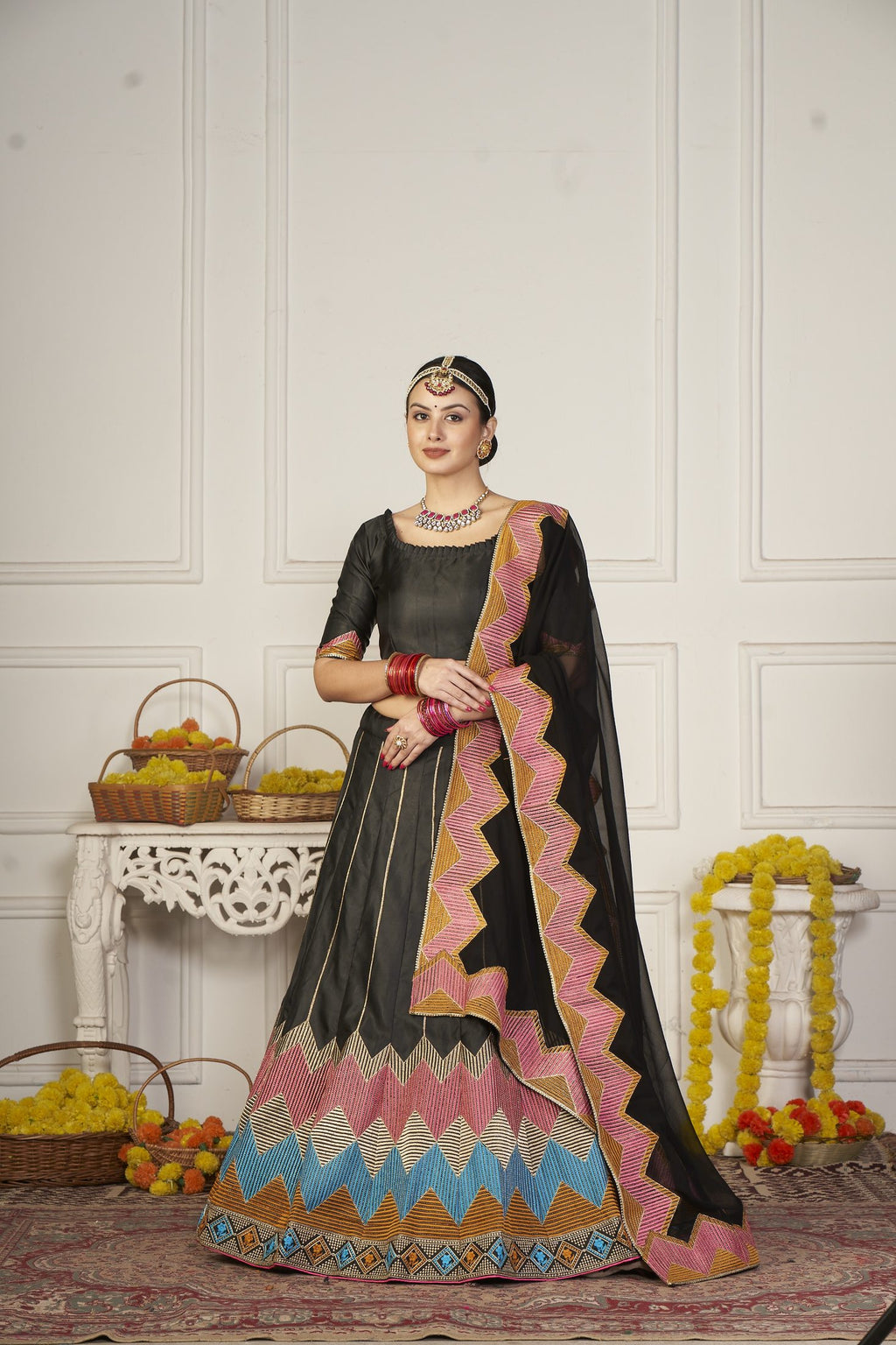 Classic Black Geometric Printed & Thread Embroidered Festive & Navratri Wear Semi-Stitched Silk Lehenga Choli with Designer Dupatta