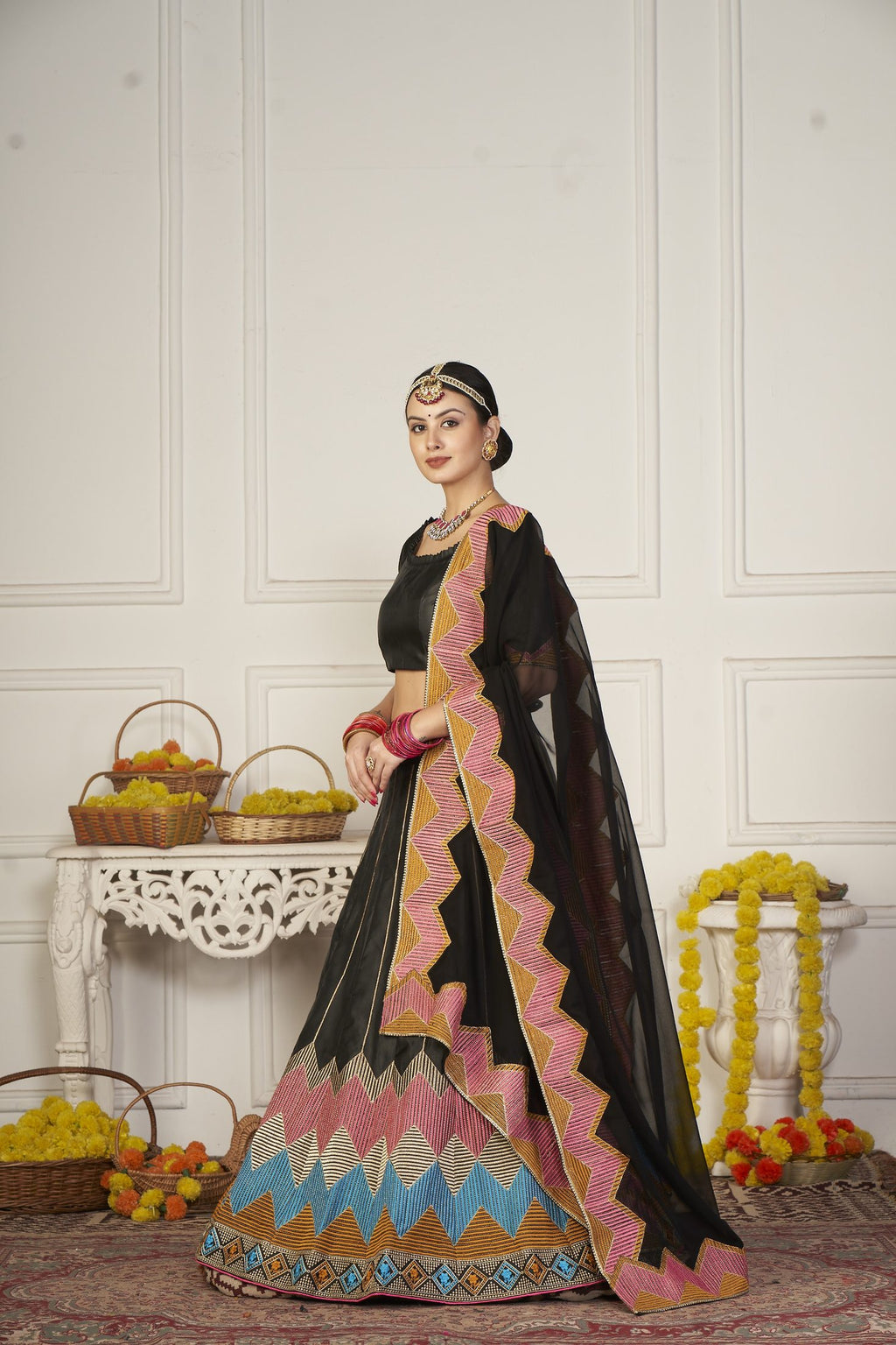 Classic Black Geometric Printed & Thread Embroidered Festive & Navratri Wear Semi-Stitched Silk Lehenga Choli with Designer Dupatta
