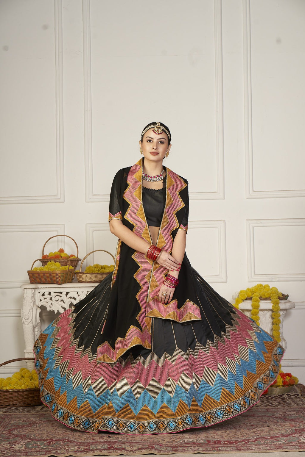 Classic Black Geometric Printed & Thread Embroidered Festive & Navratri Wear Semi-Stitched Silk Lehenga Choli with Designer Dupatta