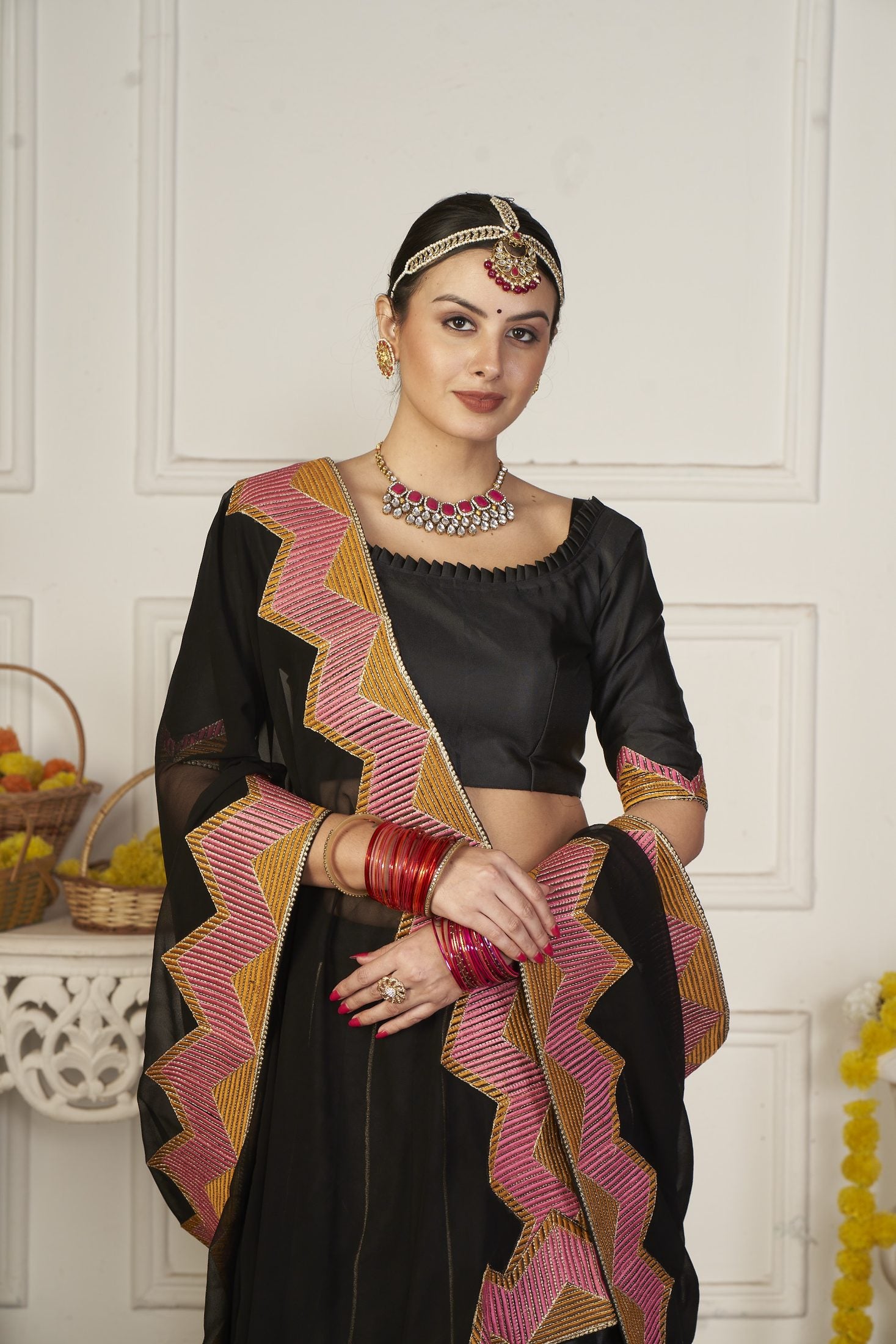 Classic Black Geometric Printed & Thread Embroidered Festive & Navratri Wear Semi-Stitched Silk Lehenga Choli with Designer Dupatta