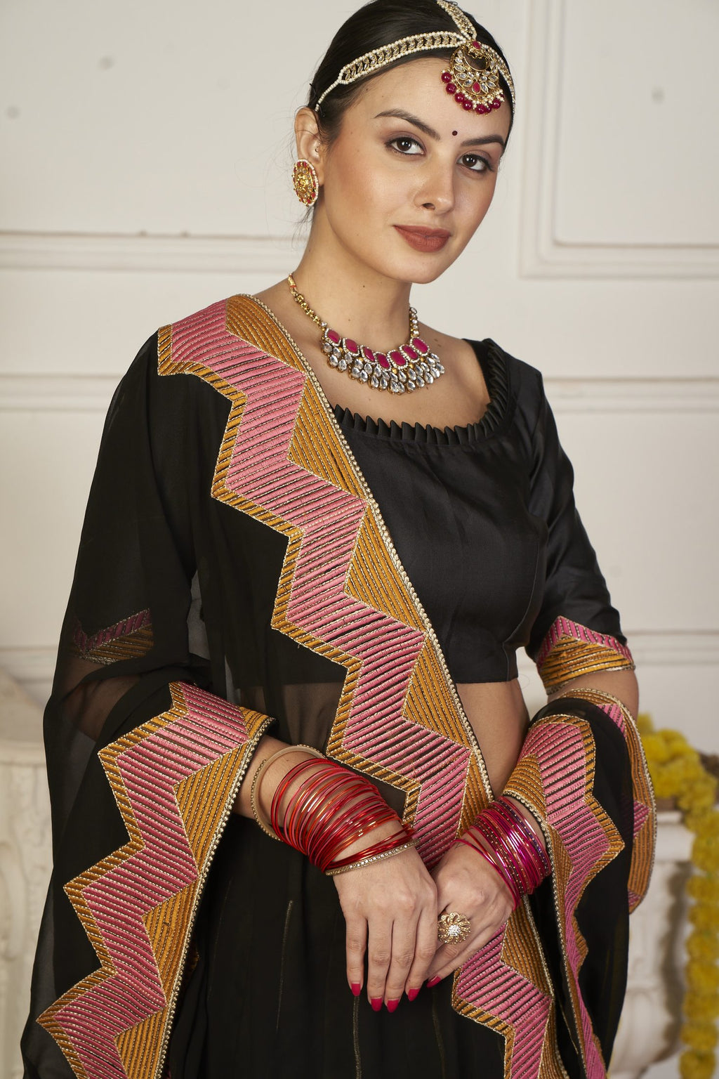 Classic Black Geometric Printed & Thread Embroidered Festive & Navratri Wear Semi-Stitched Silk Lehenga Choli with Designer Dupatta