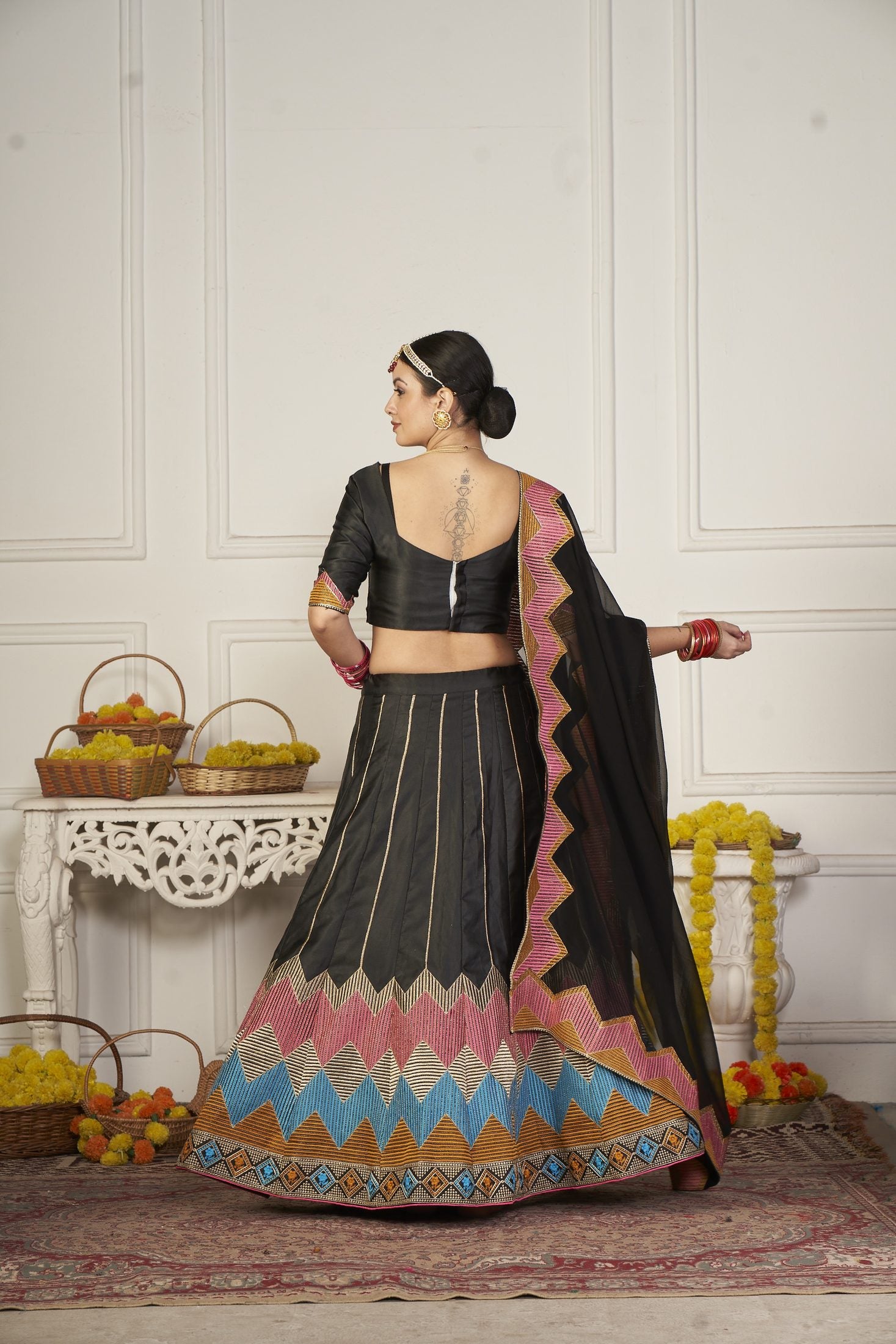Classic Black Geometric Printed & Thread Embroidered Festive & Navratri Wear Semi-Stitched Silk Lehenga Choli with Designer Dupatta