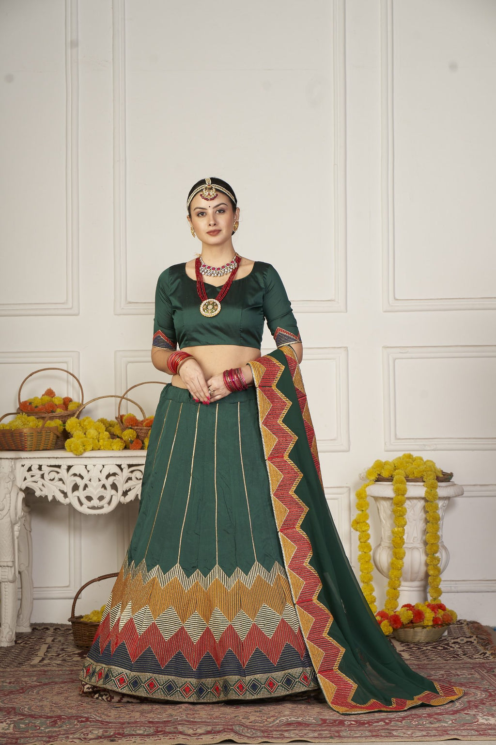 Green Geometric Printed & Thread Embroidered Festive & Navratri Wear Semi-Stitched Silk Lehenga Choli with Designer Dupatta