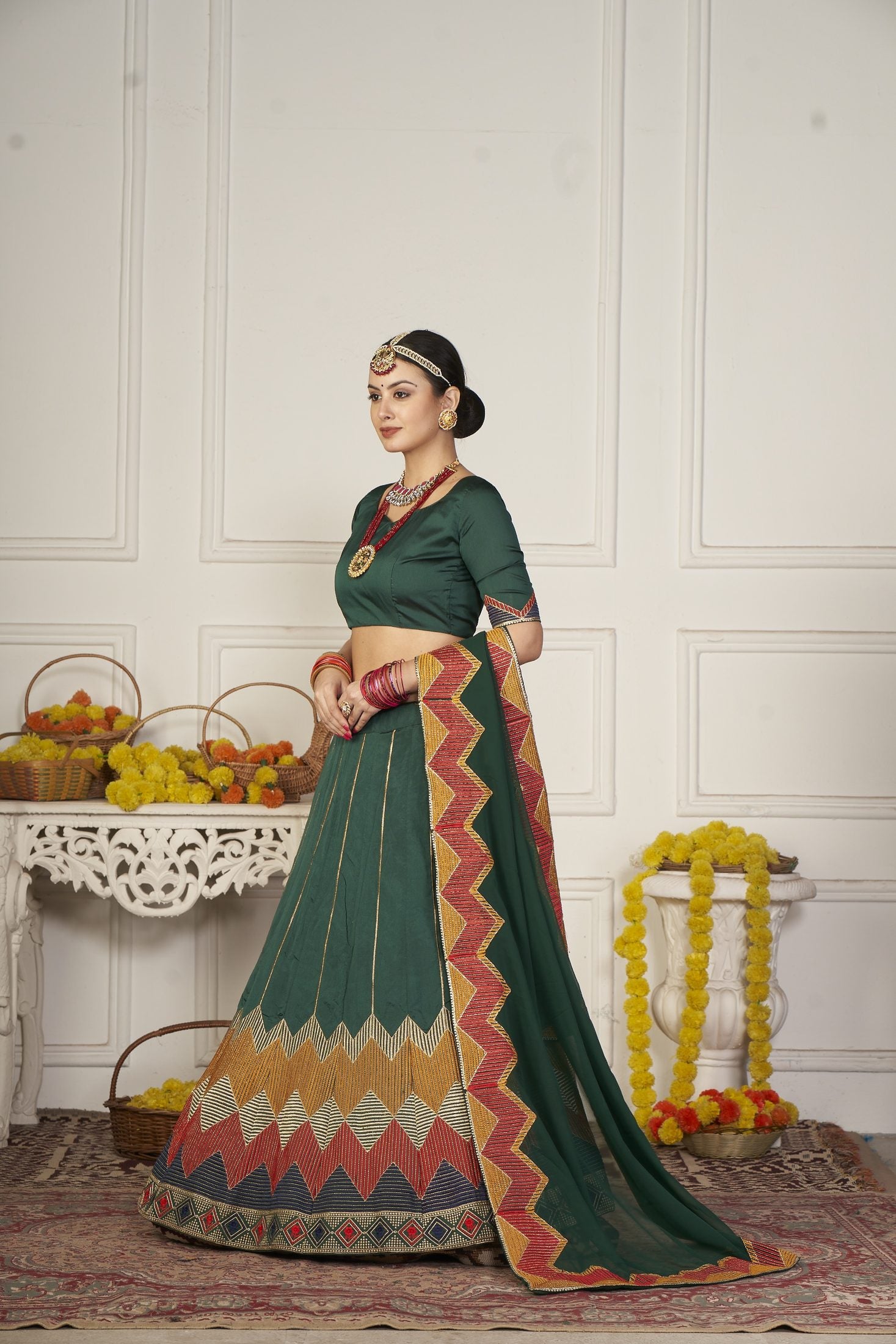 Green Geometric Printed & Thread Embroidered Festive & Navratri Wear Semi-Stitched Silk Lehenga Choli with Designer Dupatta