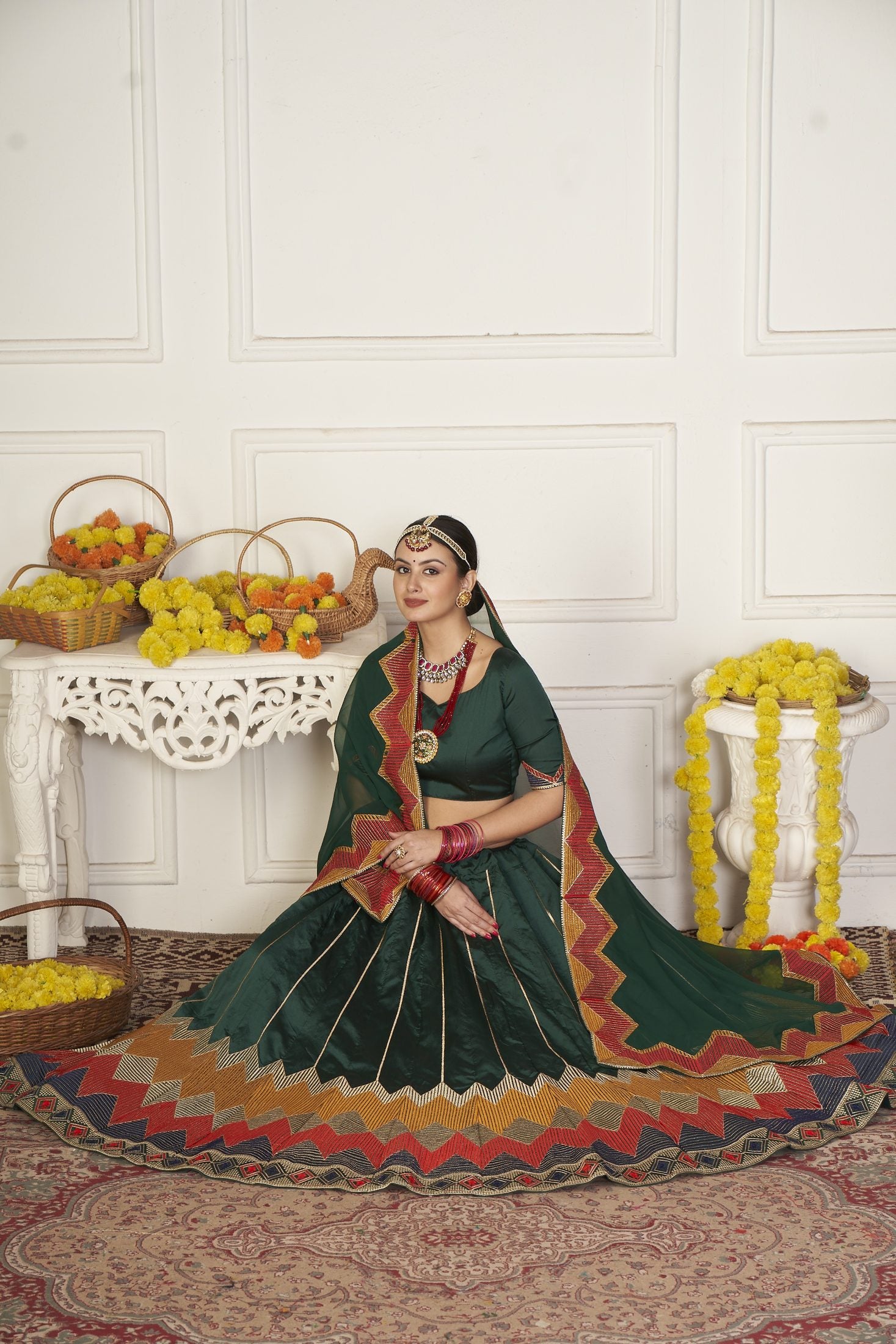 Green Geometric Printed & Thread Embroidered Festive & Navratri Wear Semi-Stitched Silk Lehenga Choli with Designer Dupatta
