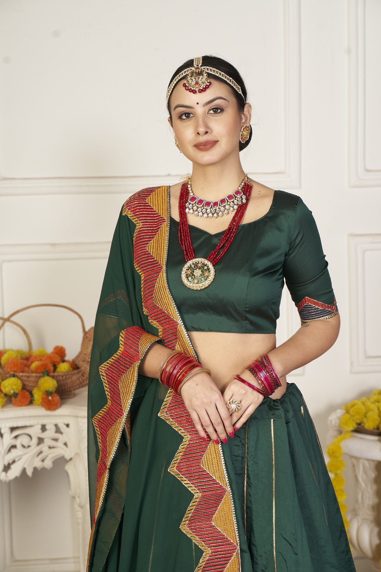 Green Geometric Printed & Thread Embroidered Festive & Navratri Wear Semi-Stitched Silk Lehenga Choli with Designer Dupatta