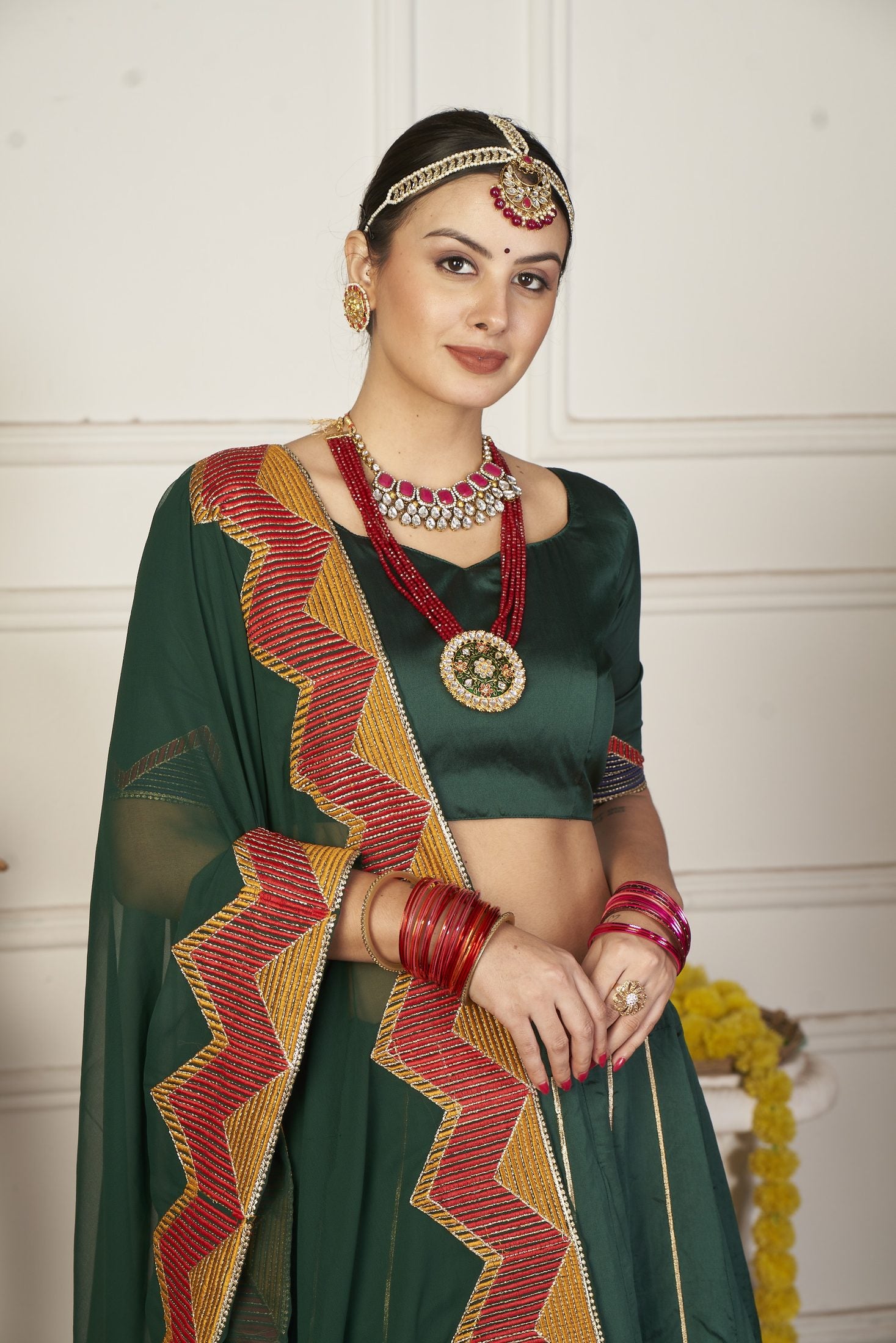 Green Geometric Printed & Thread Embroidered Festive & Navratri Wear Semi-Stitched Silk Lehenga Choli with Designer Dupatta