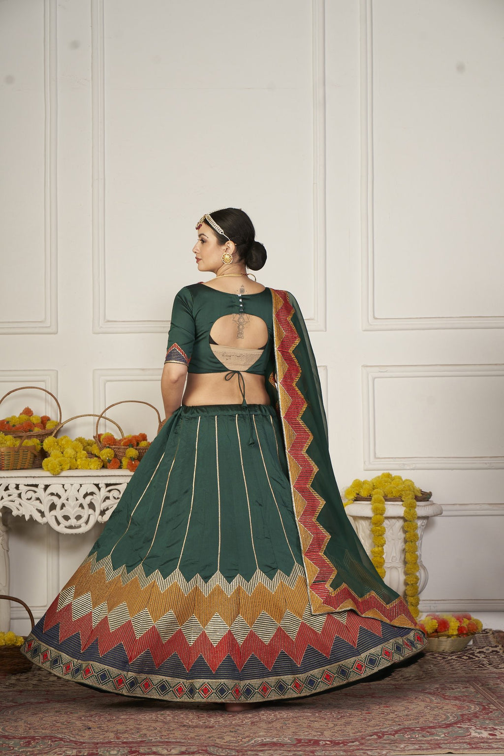Green Geometric Printed & Thread Embroidered Festive & Navratri Wear Semi-Stitched Silk Lehenga Choli with Designer Dupatta