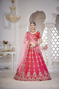 Royal Rani Pink & Coral Embroidered Festive & Wedding Wear Semi-Stitched Silk Lehenga Choli with Net Dupatta