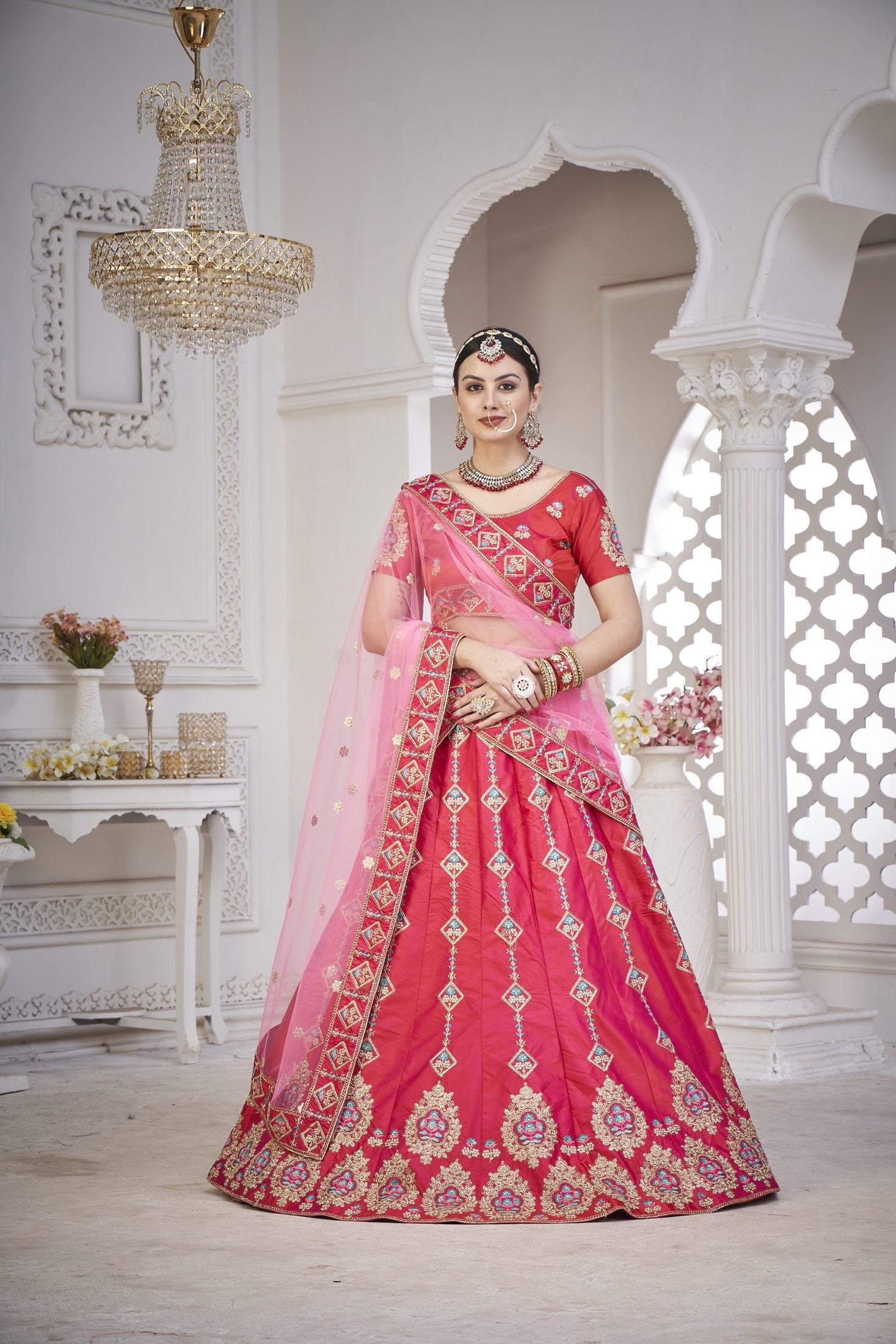 Royal Rani Pink & Coral Embroidered Festive & Wedding Wear Semi-Stitched Silk Lehenga Choli with Net Dupatta