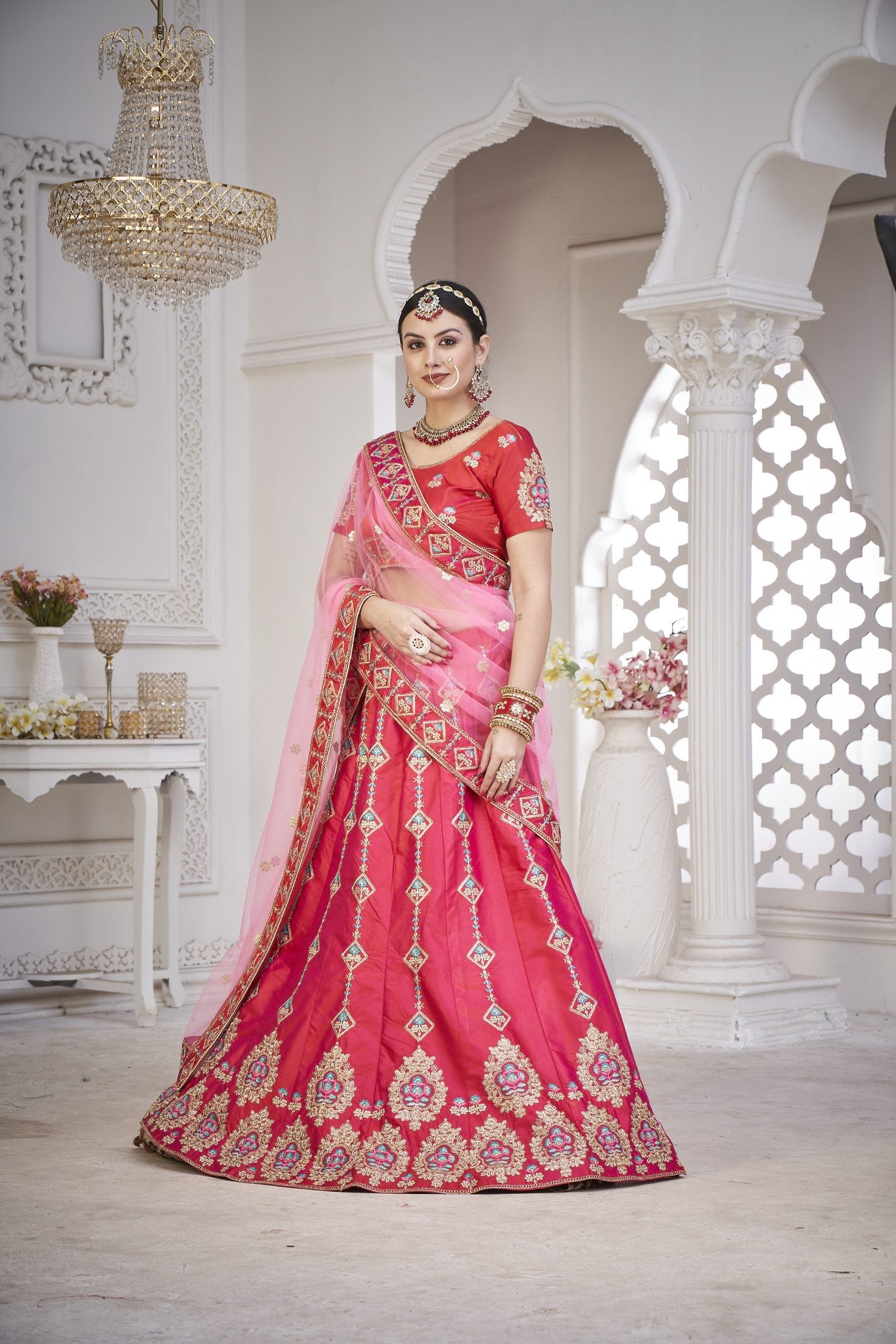 Royal Rani Pink & Coral Embroidered Festive & Wedding Wear Semi-Stitched Silk Lehenga Choli with Net Dupatta