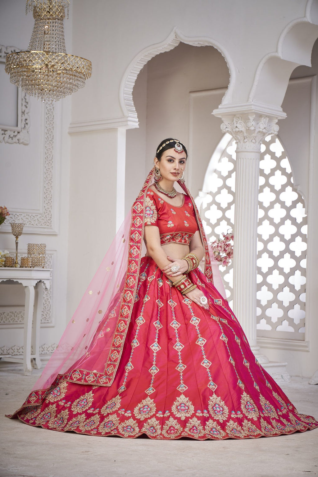 Royal Rani Pink & Coral Embroidered Festive & Wedding Wear Semi-Stitched Silk Lehenga Choli with Net Dupatta