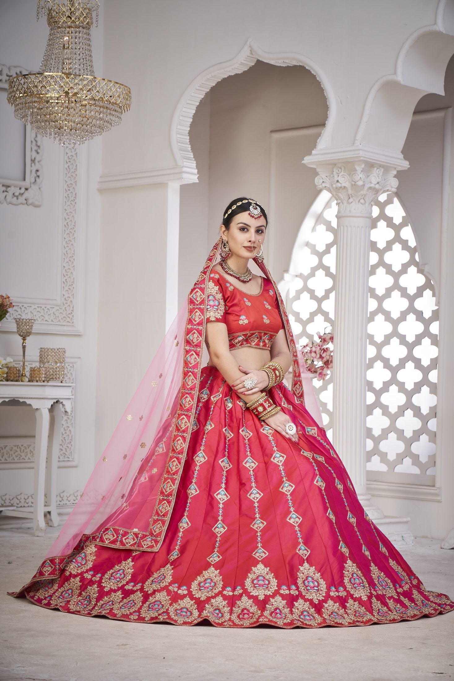 Royal Rani Pink & Coral Embroidered Festive & Wedding Wear Semi-Stitched Silk Lehenga Choli with Net Dupatta